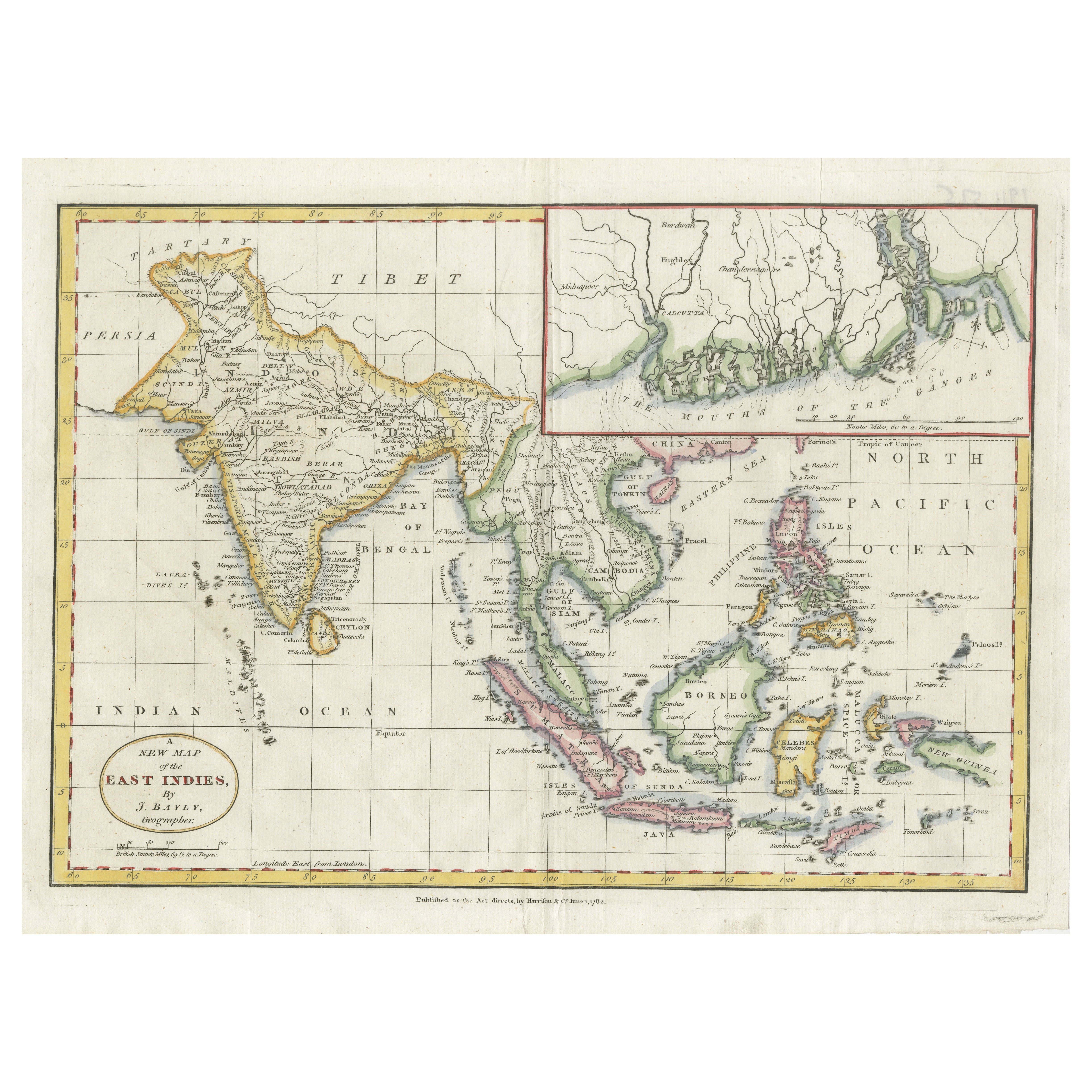 Mappa delle Indie Orientali del 1782 - India, Siam, Filippine, Giava, Borneo, Gange