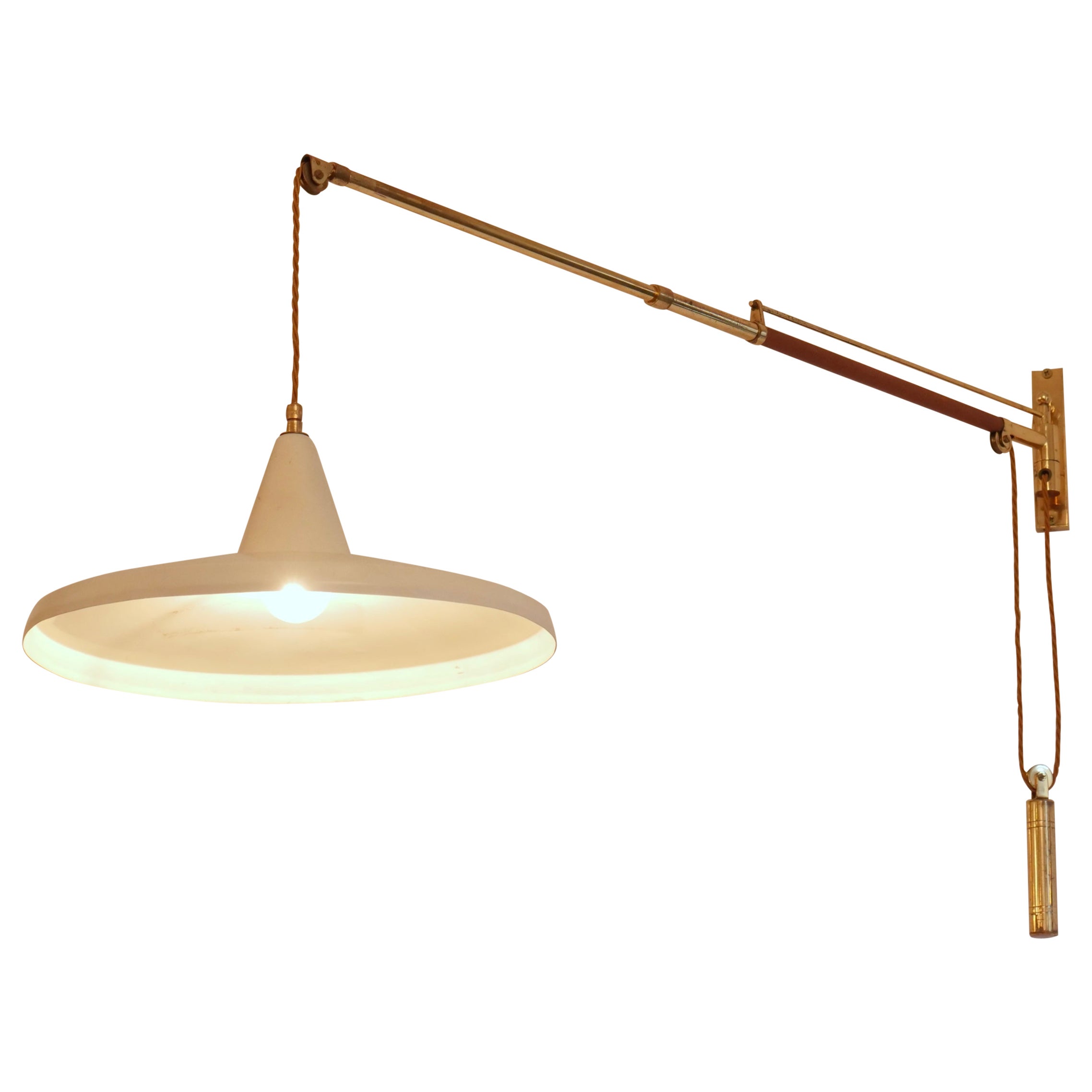 Swing arm wall light. Brass and leather Italy c1950 Brass n
