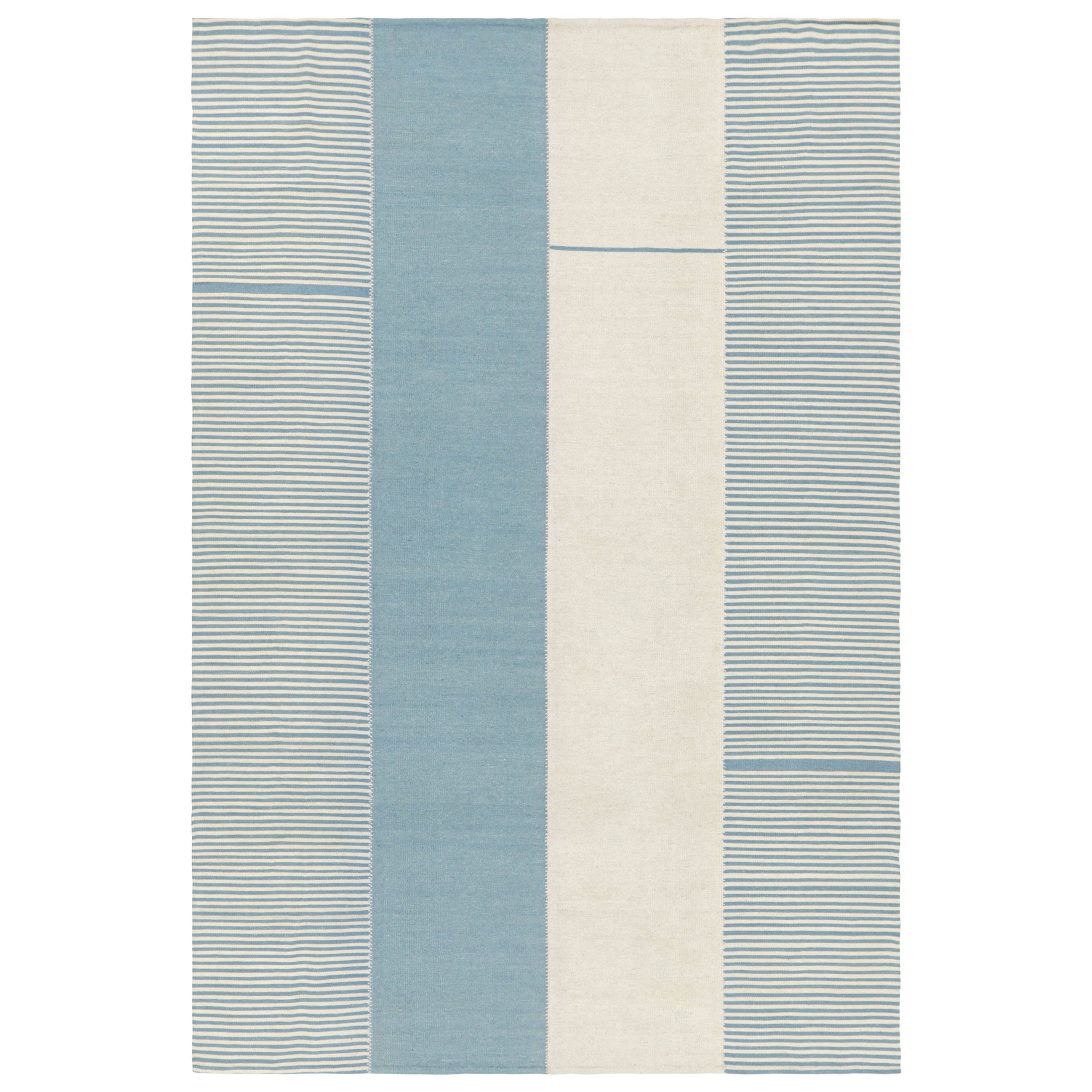 Rug & Kilim’s Contemporary Kilim with Textural Cream White and Blue Stripes