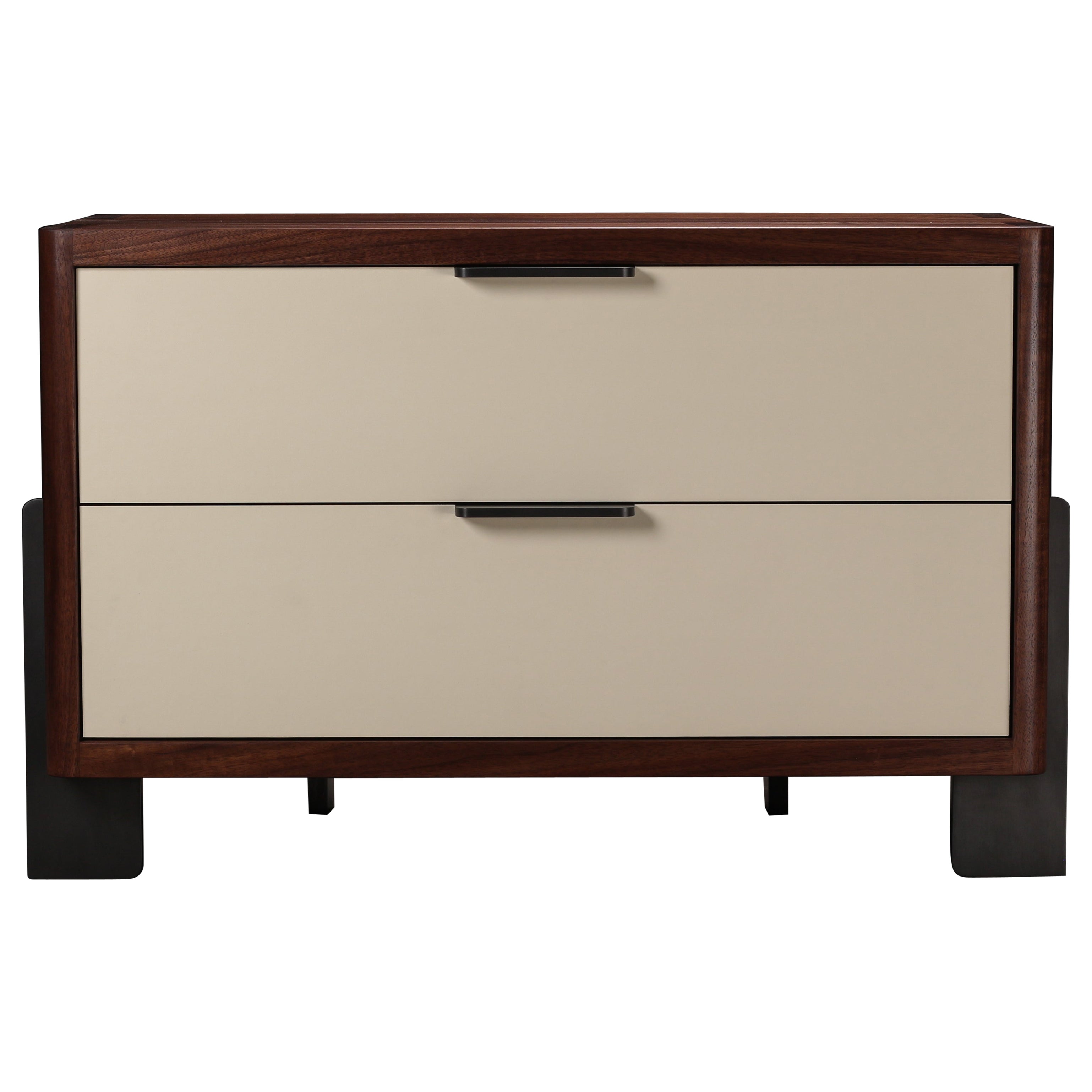 Dreyfus Night Stand, by AMBROZIA, Claro Walnut, Linen Leather & Blackened Steel