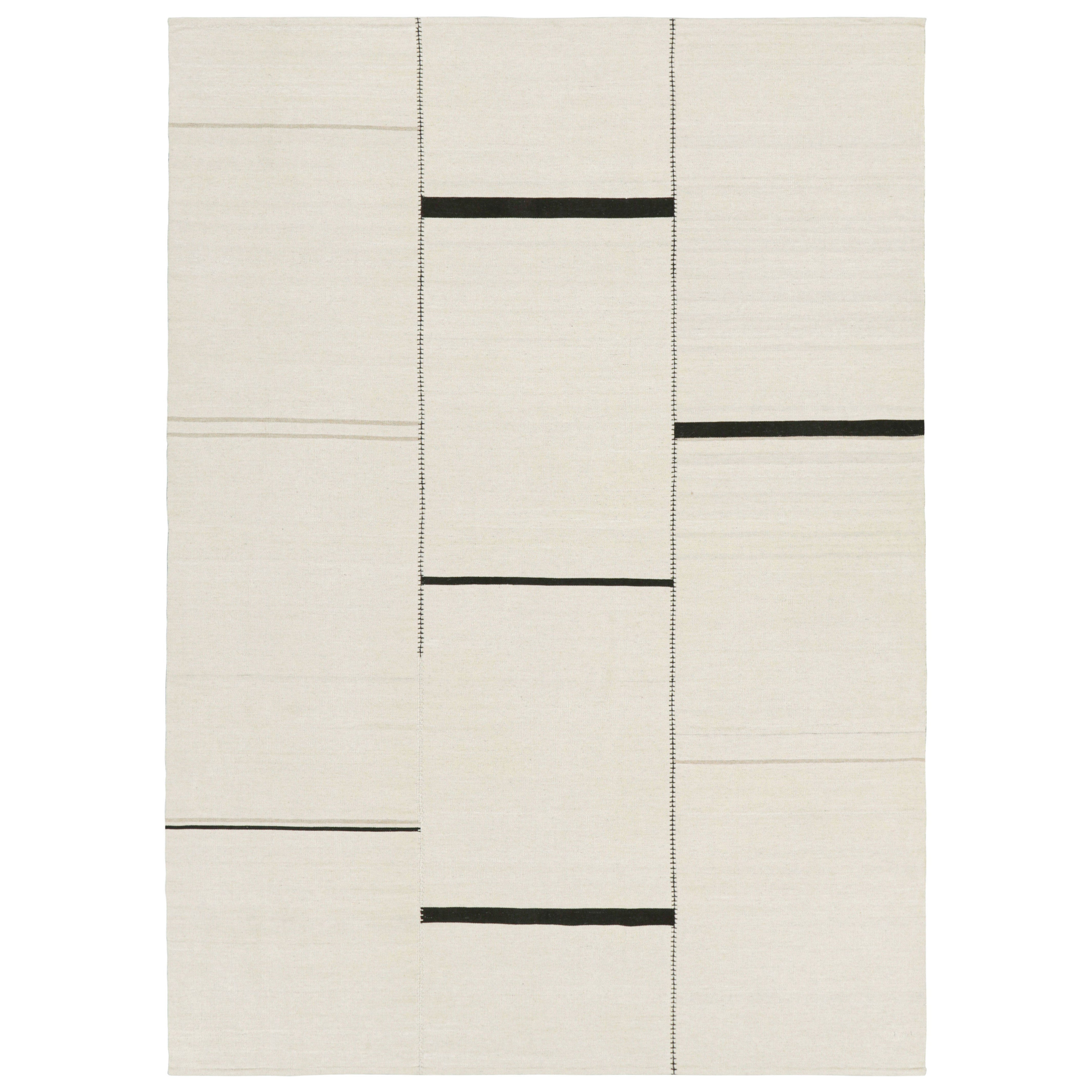 Rug & Kilim’s Contemporary Kilim, White and Black Textural Stripes, Taupe Accent