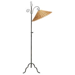 Harald Notini Wrought Iron Floor Lamp, Rattan Shade, Böhlmarks, Sweden, 1930s