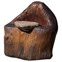 Brutalist Monoxyle Stool with Sculpted Stone Seat, France, 1970s