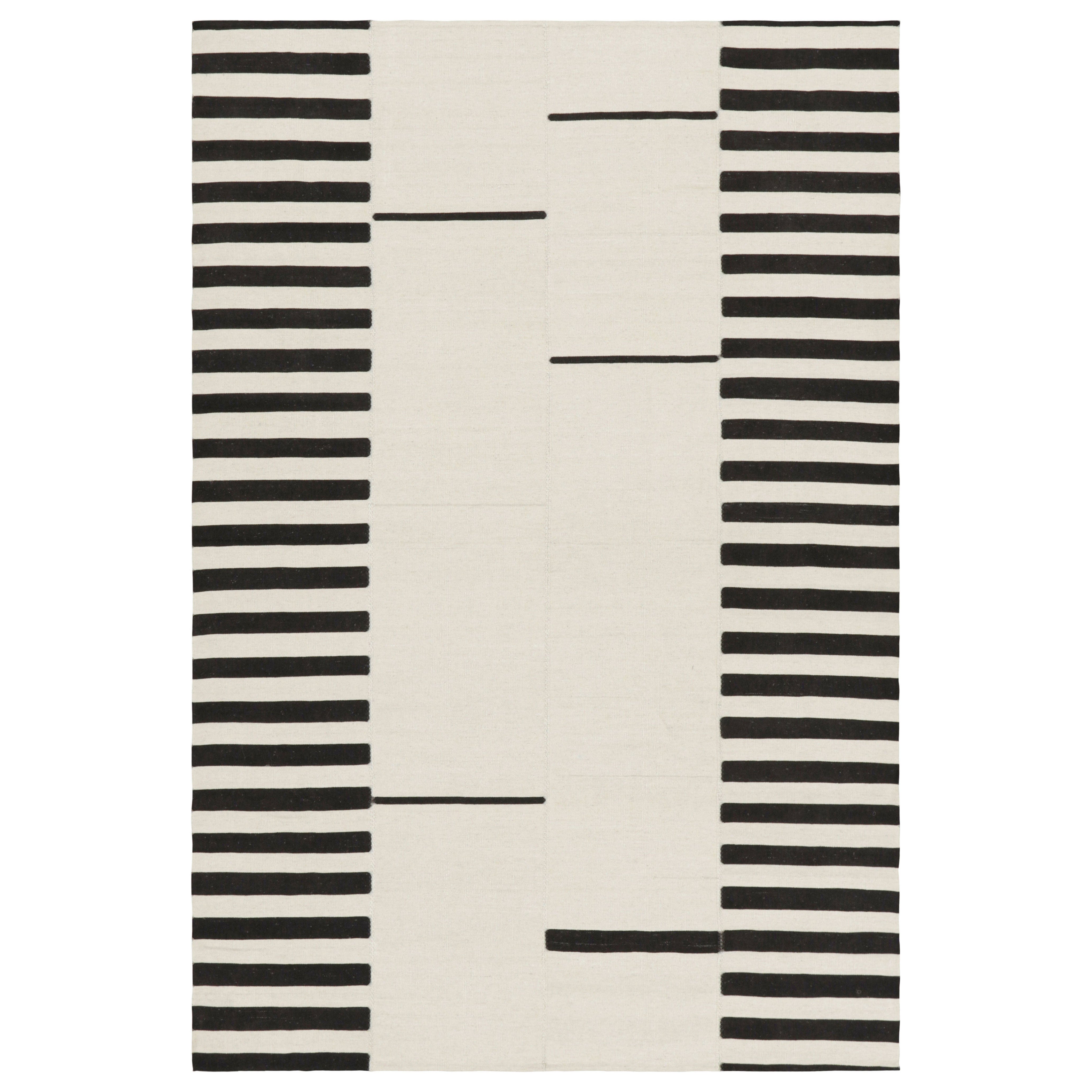 Rug & Kilim’s Contemporary Kilim with Textural Cream and Black Stripes For Sale