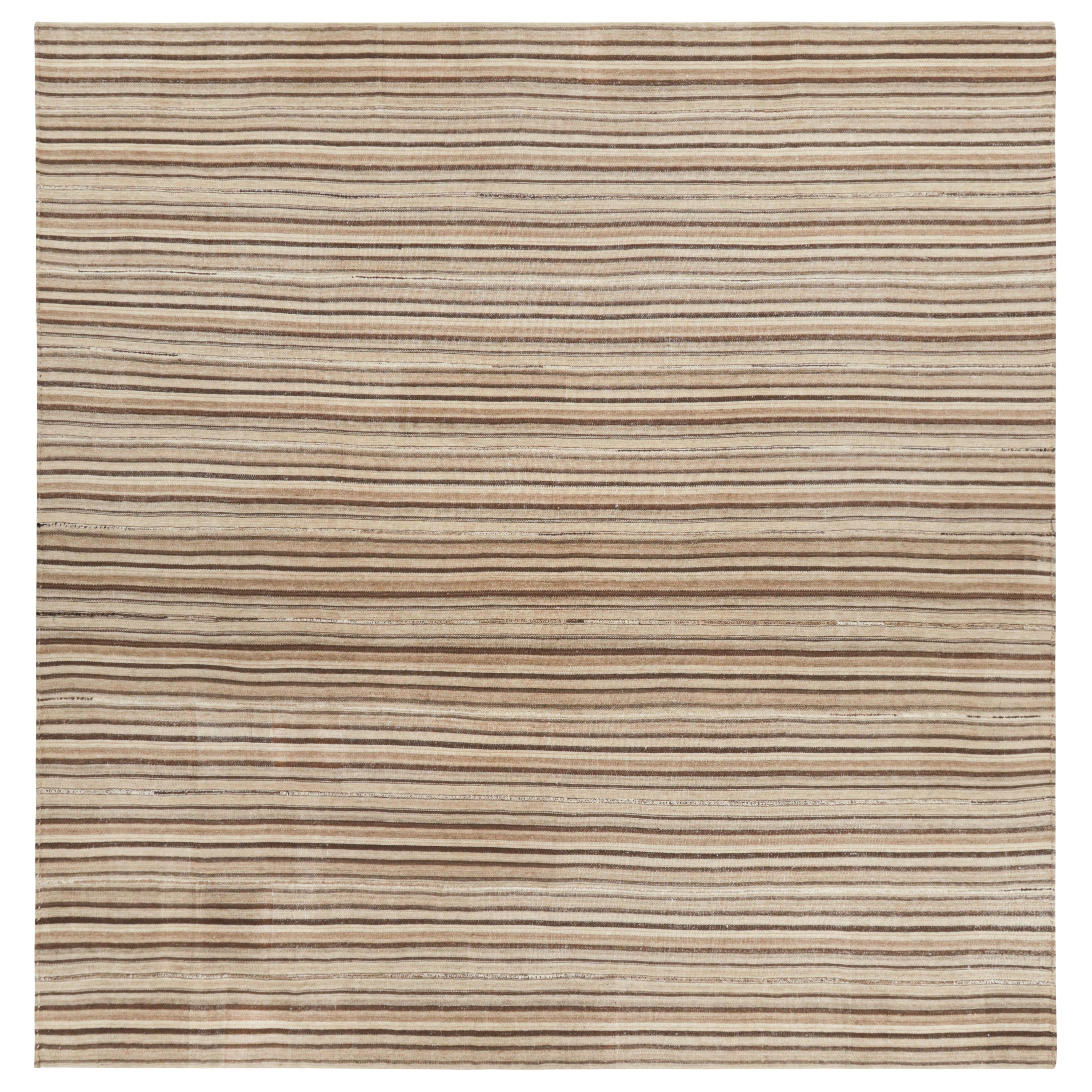Rug & Kilim's Contemporary Square Kilim with Textural Beige-Brown Stripes (Kilim carré contemporain avec des rayures texturées beige-brun)