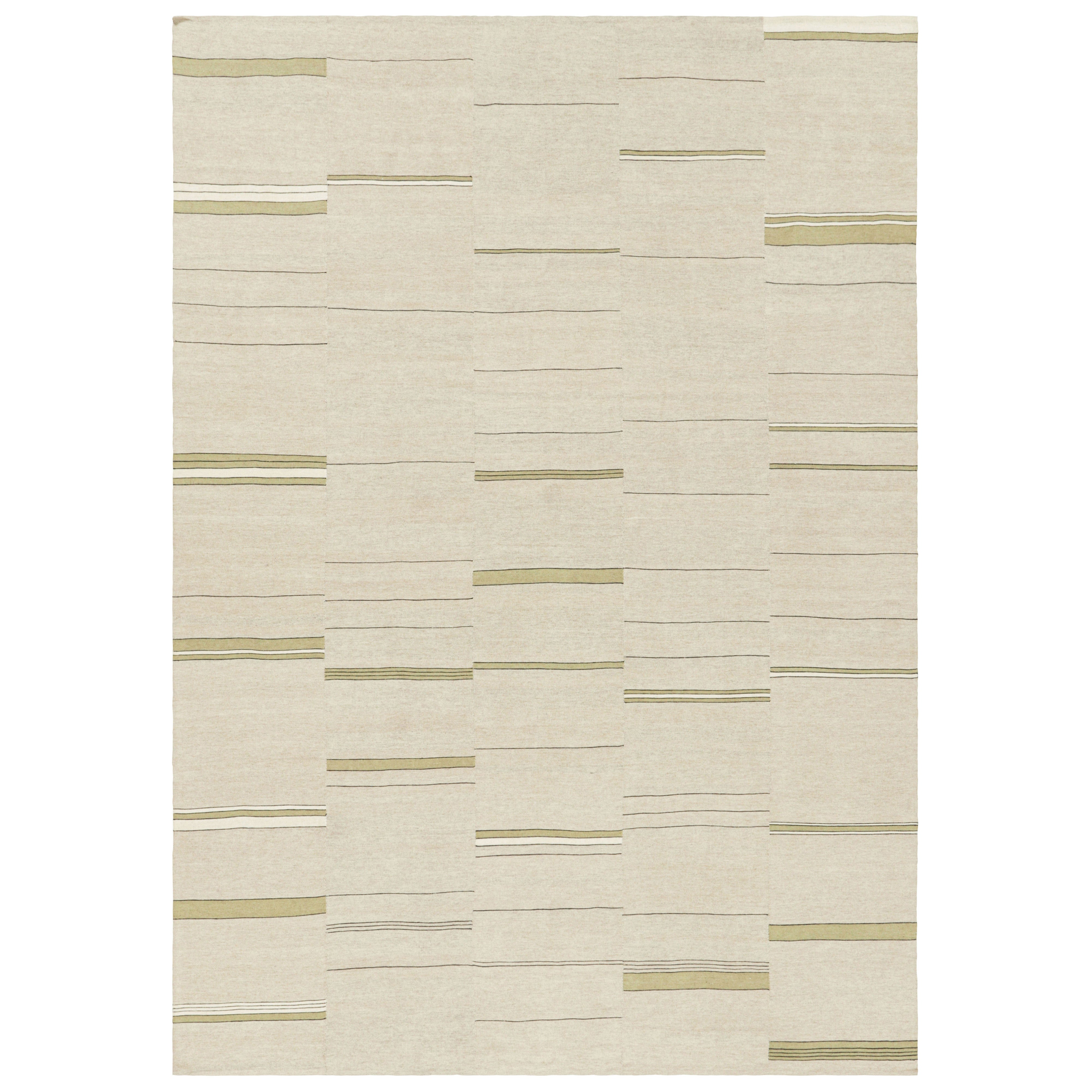 Rug & Kilim’s Contemporary Kilim with Textural Beige, Cream and Gold Stripes For Sale