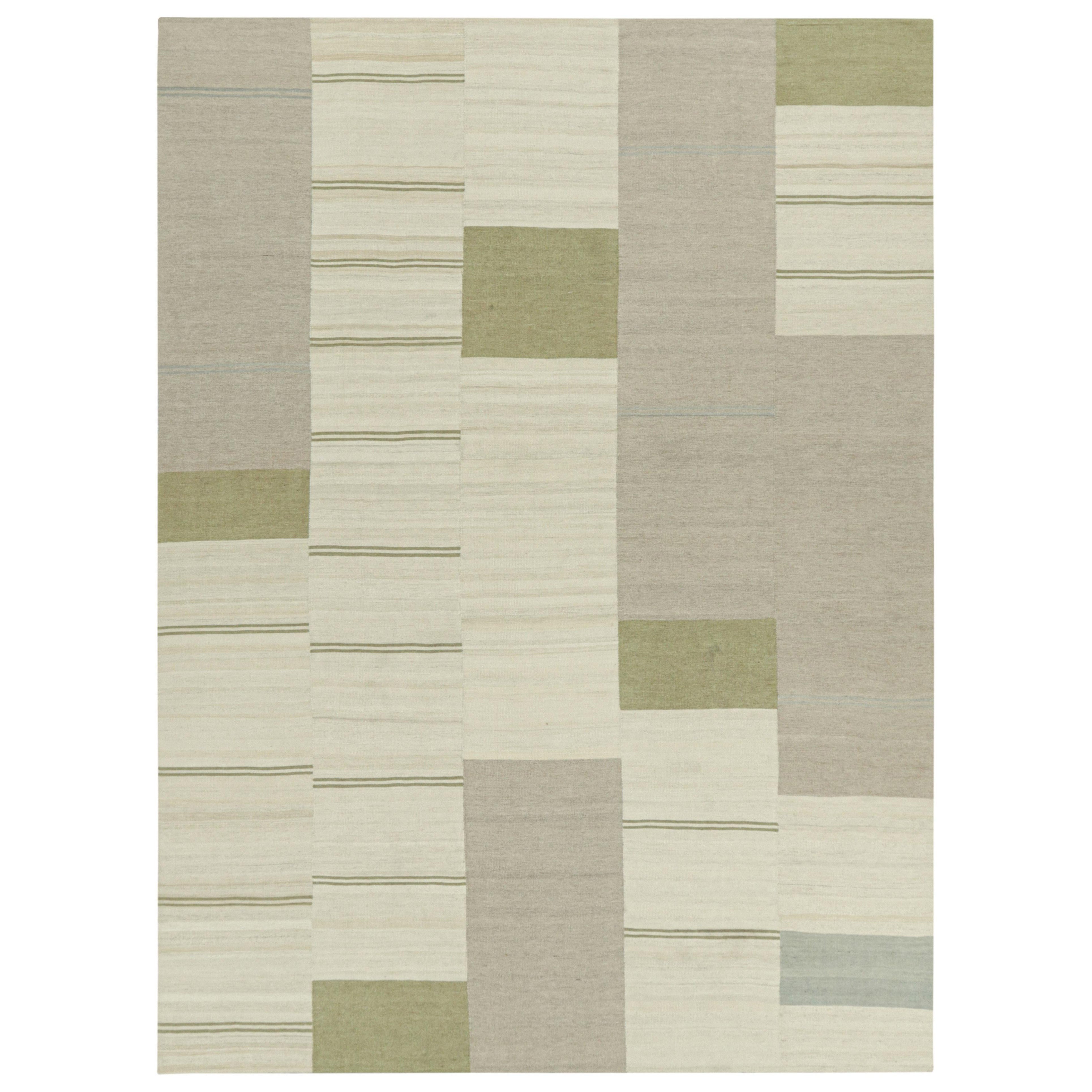 Rug & Kilim's Contemporary Kilim with Textural Cream, Gray and Green Stripes (Kilim contemporain avec des rayures texturées crème, grises et vertes)