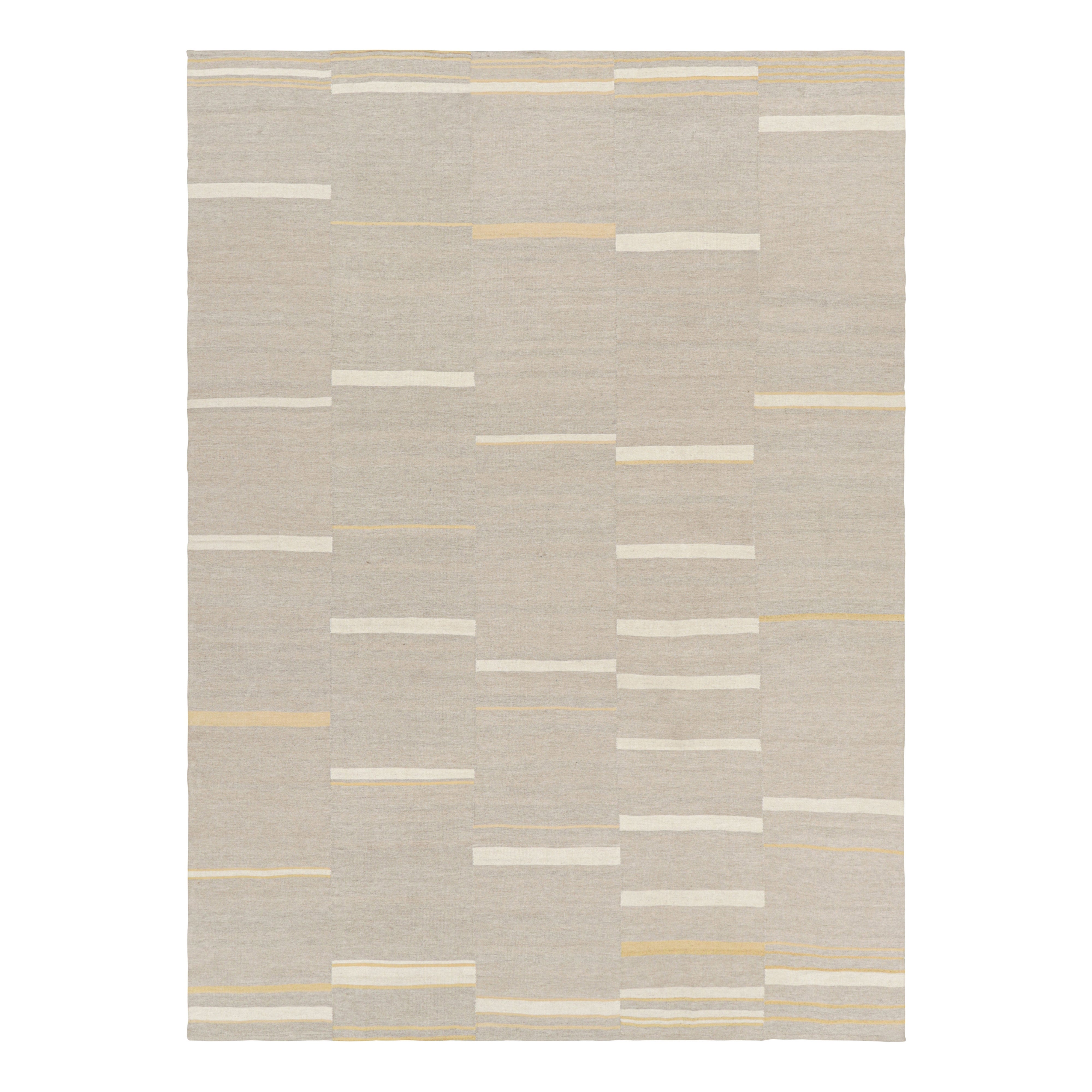 Rug & Kilim’s Contemporary Kilim with Textural Taupe, Cream and Gold Stripes