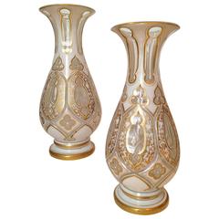 Antique Bohemian Overlay Glass Vases Two Colors and Gilt Highlights 19th Century