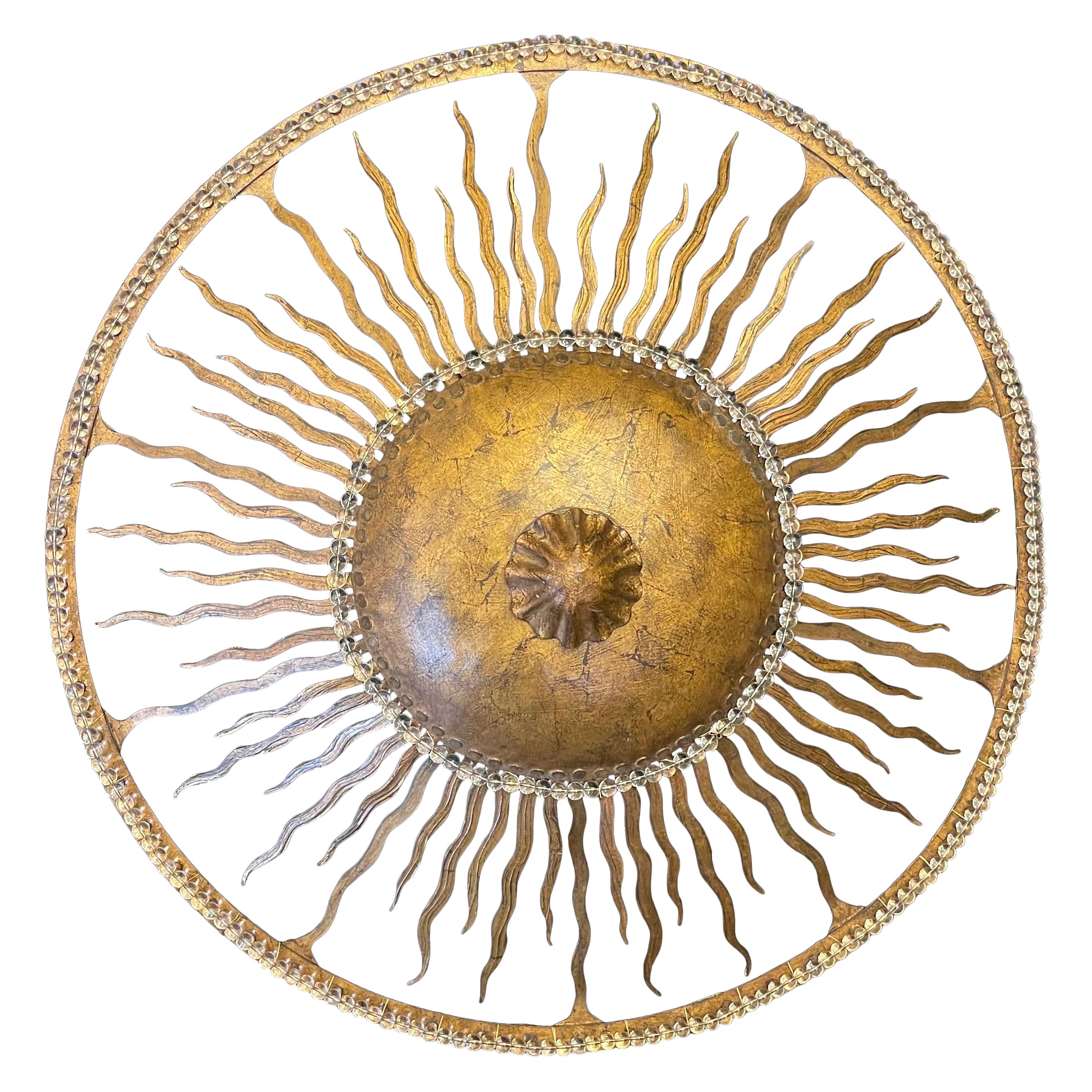 Wunderschöne Mid-Century Modern Crystal Gilt Sunburst Brutalist Flush Mount Pendelleuchte im Angebot