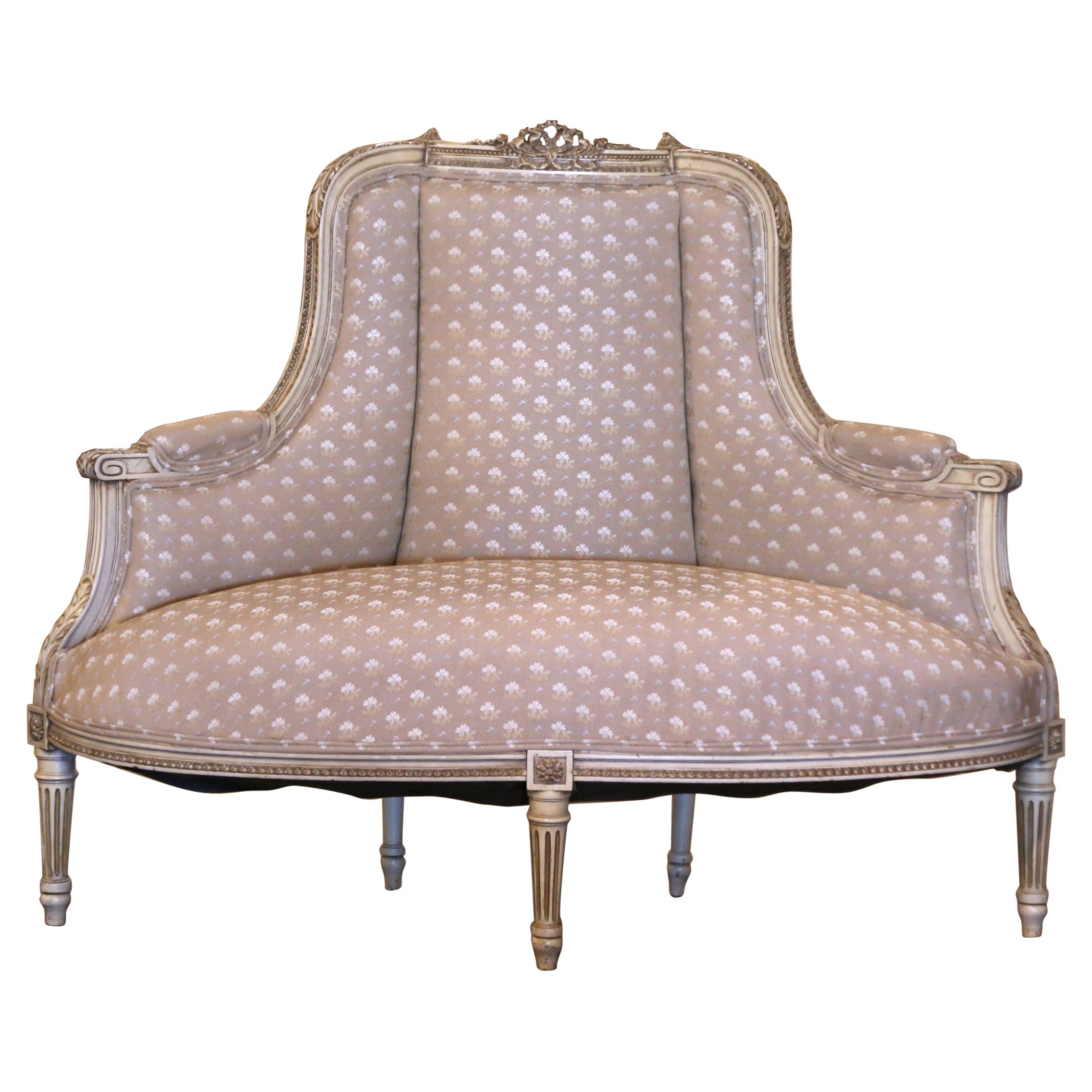 Early 20th Century French Louis XVI Carved and Painted Bergere Bench Chair