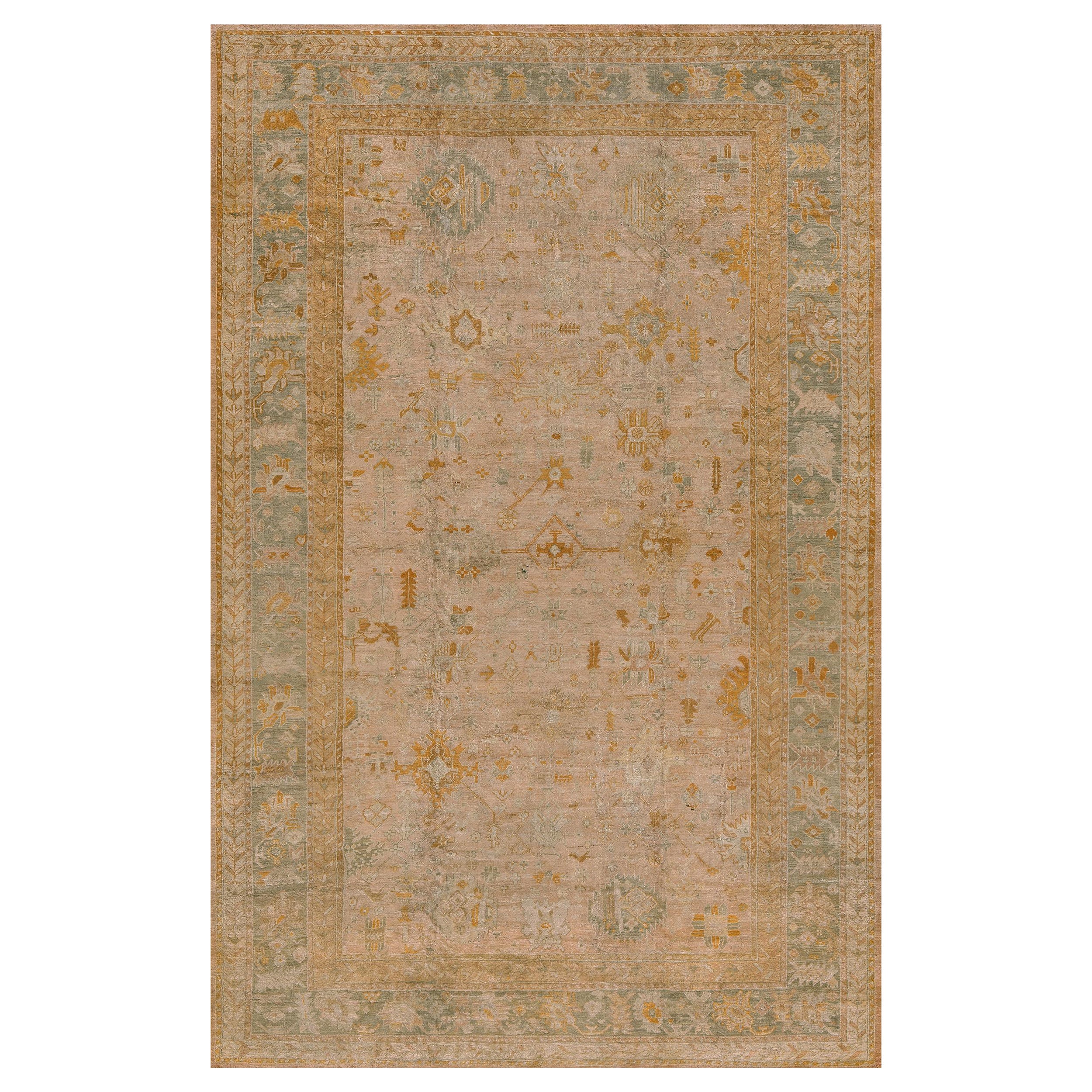 Traditional Antique Hand-woven Dusty-Rose Turkish Oushak Rug For Sale