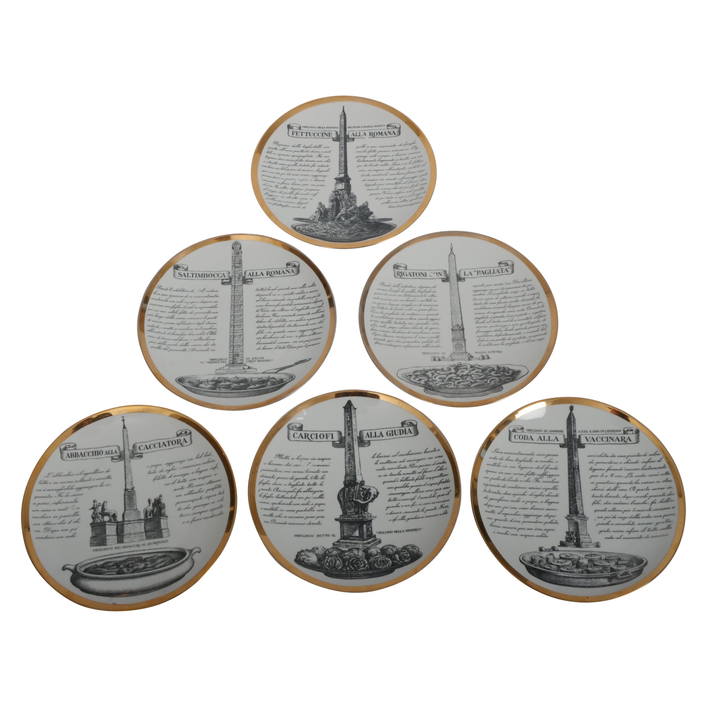 Juego de seis platos de recetas Fornasetti 'Specialita Romane' c1950