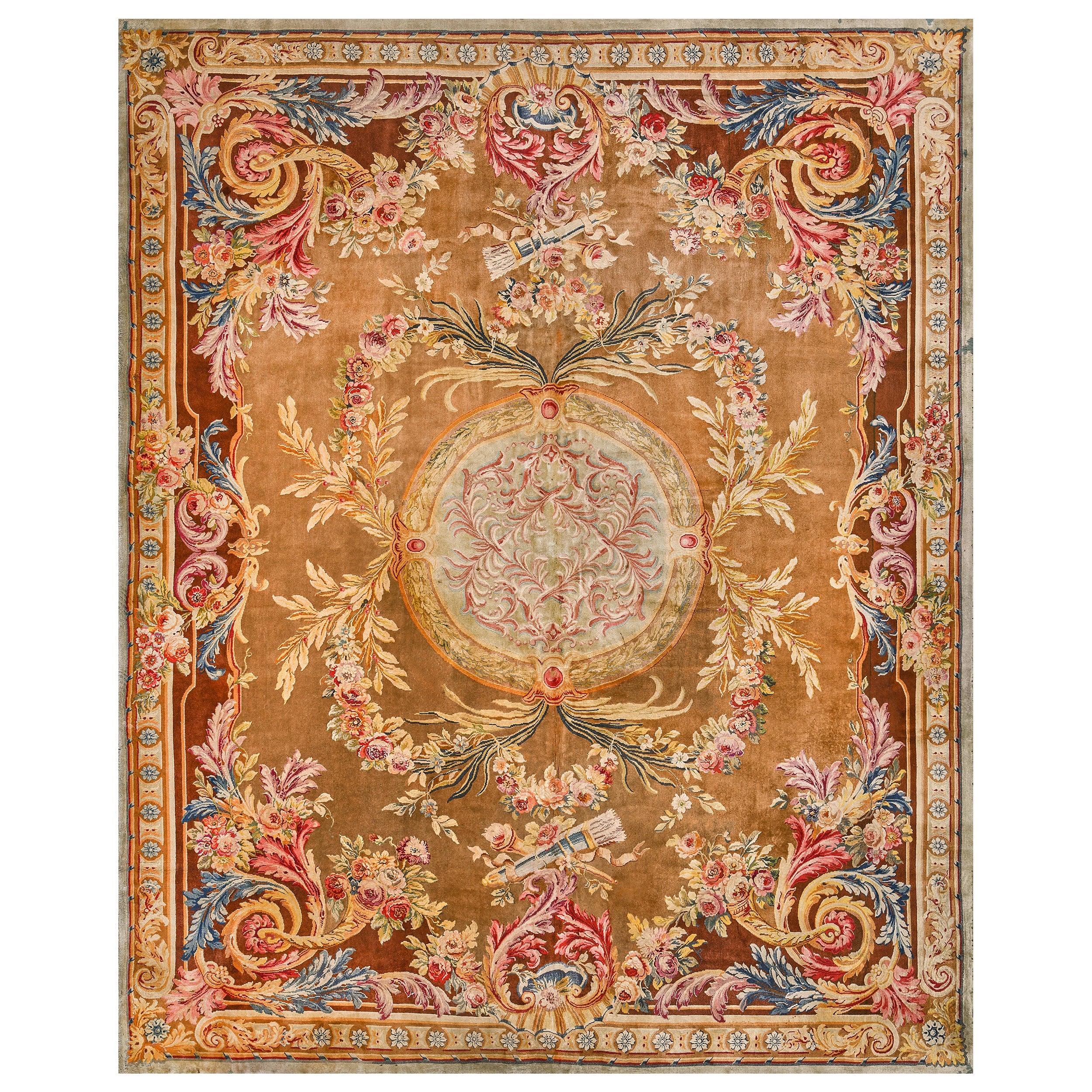 Antique Wool Handmade Floral Golden-Brown French Savonnerie Rug