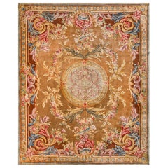 Antique Wool Handmade Floral Golden-Brown French Savonnerie Rug