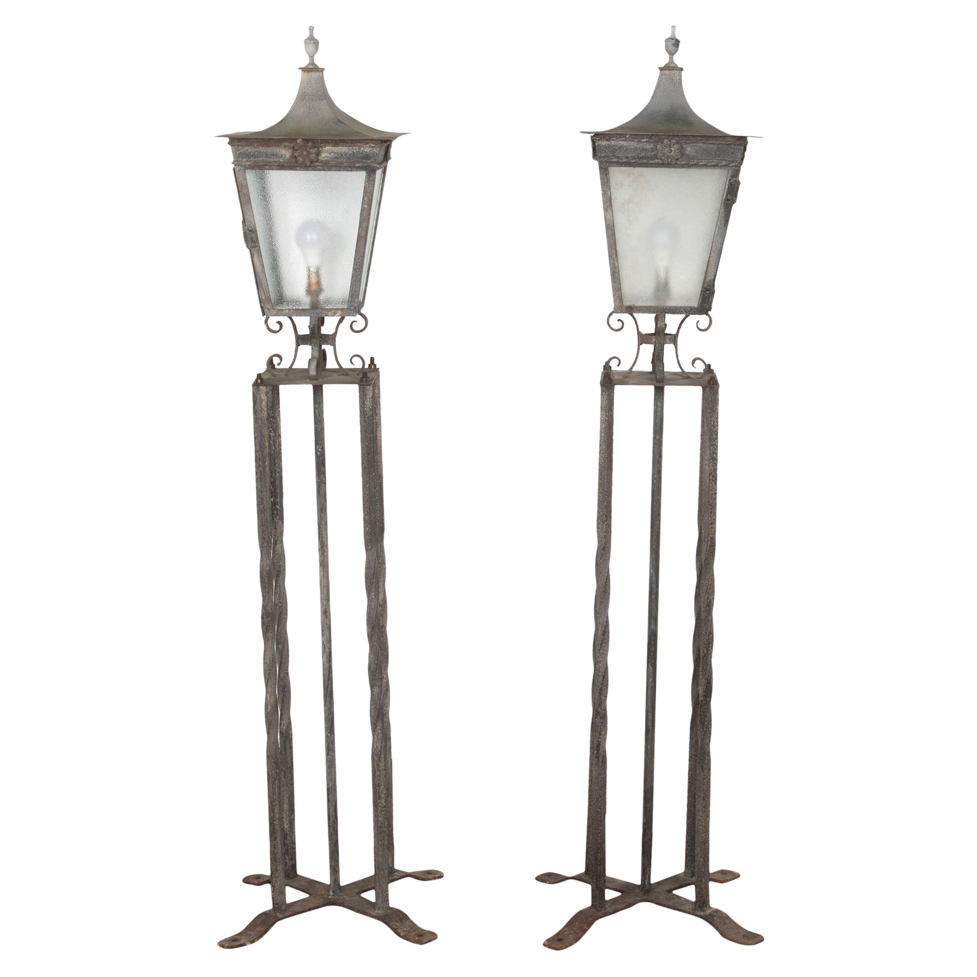 Pair of 20th Century Wrought Iron and Steel Column Lanterns