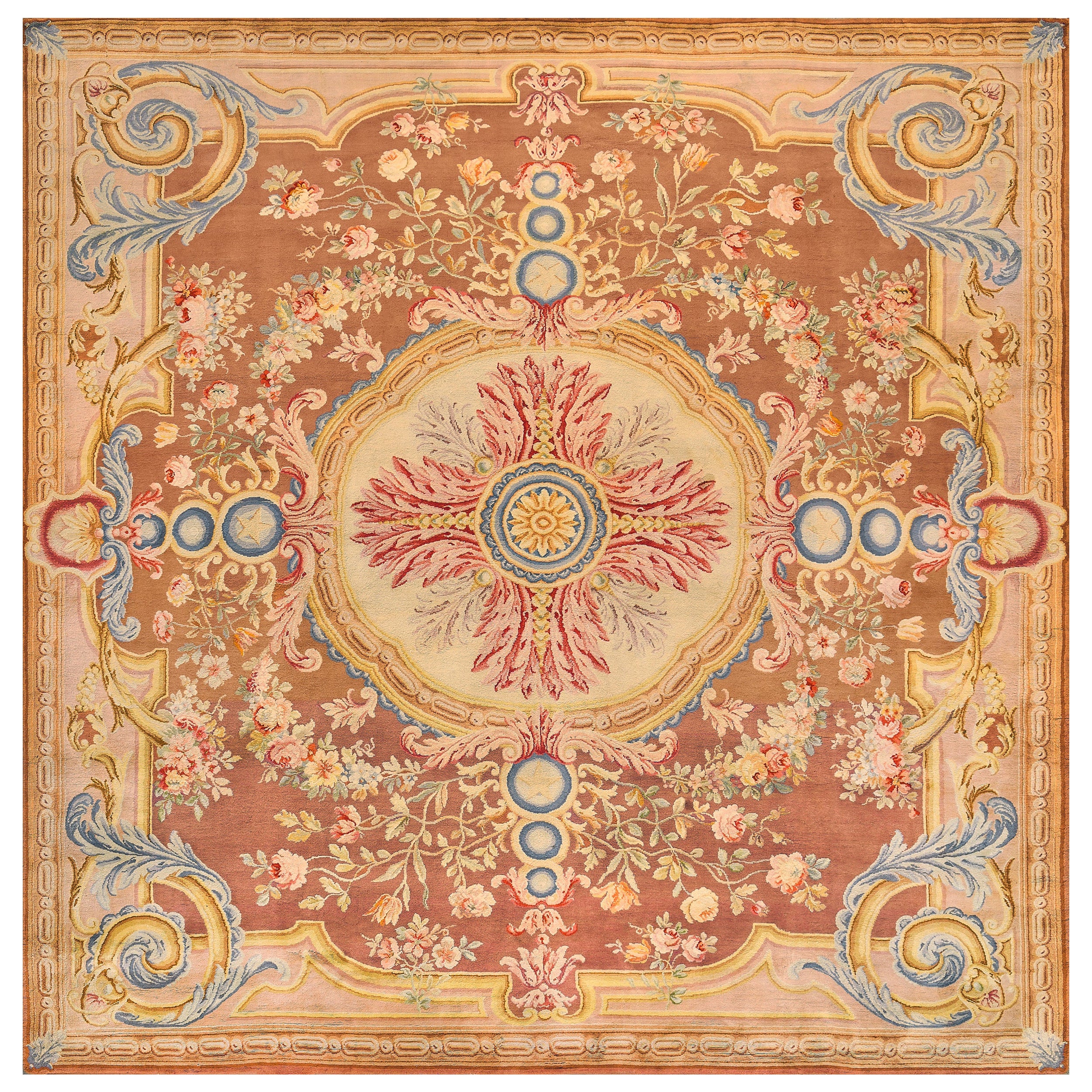 Antique Golden-Yellow Floral Wool Handwoven French Savonnerie Rug