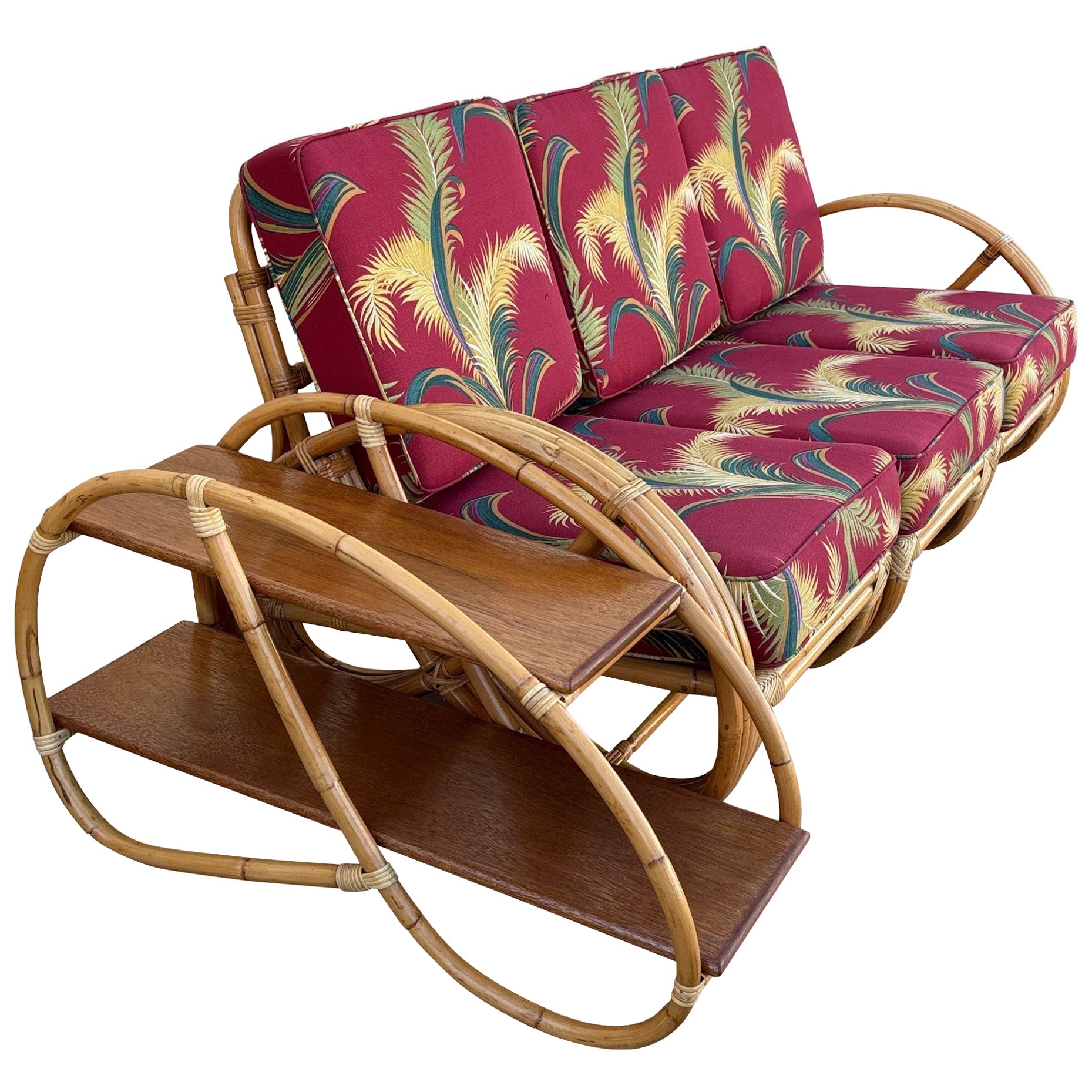 Restored Rattan 3-Strand Full Round Pretzel Sofa & Side Table Living Room Set
