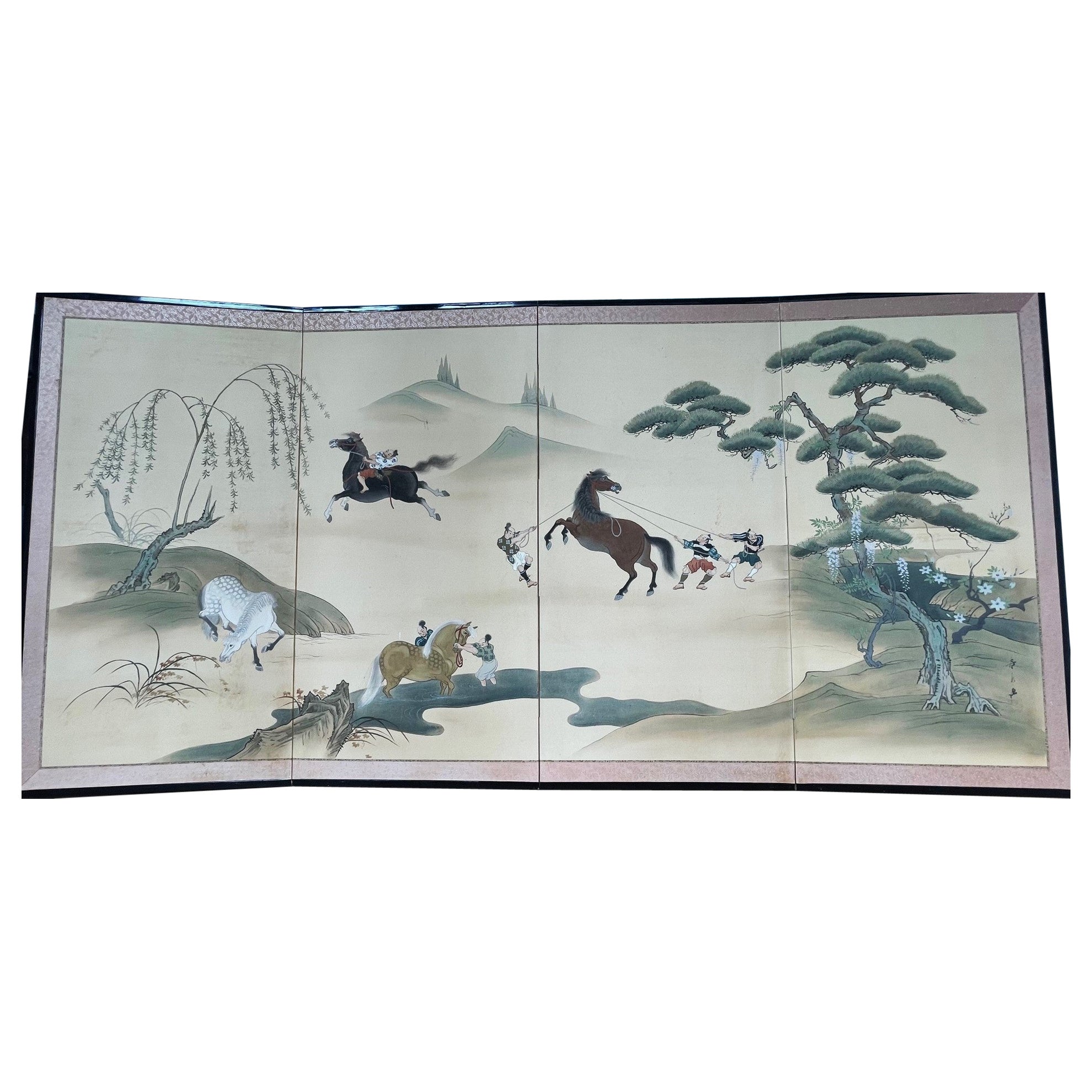 Japanese Art Deco 4-Panel Screen with Riders Taming Horses, Ca. 1920