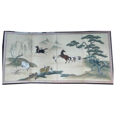 Japanese Art Deco 4-Panel Screen with Riders Taming Horses, Ca. 1920