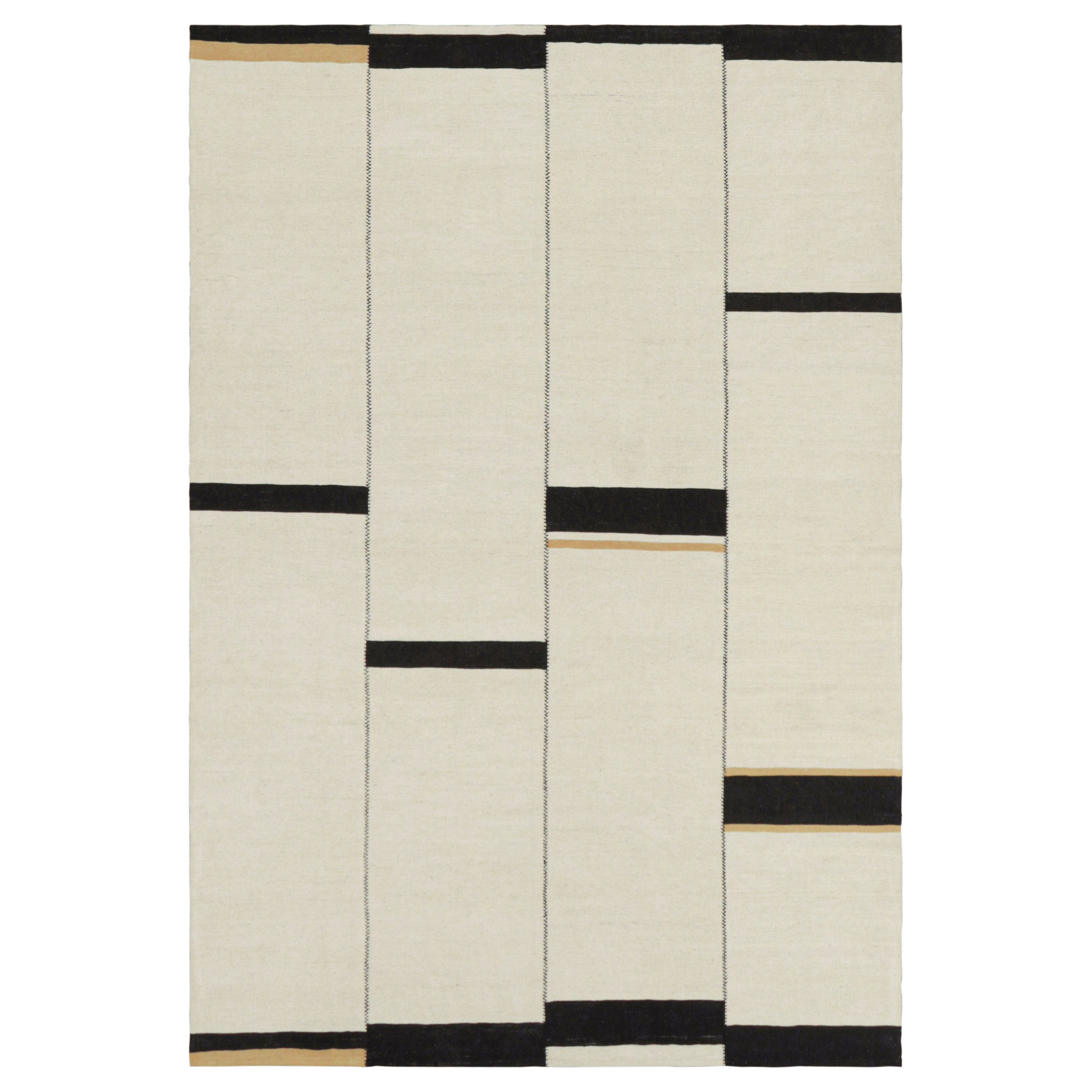 Rug & Kilim’s Contemporary Kilim, Textural White and Black Stripes, Gold Accents For Sale