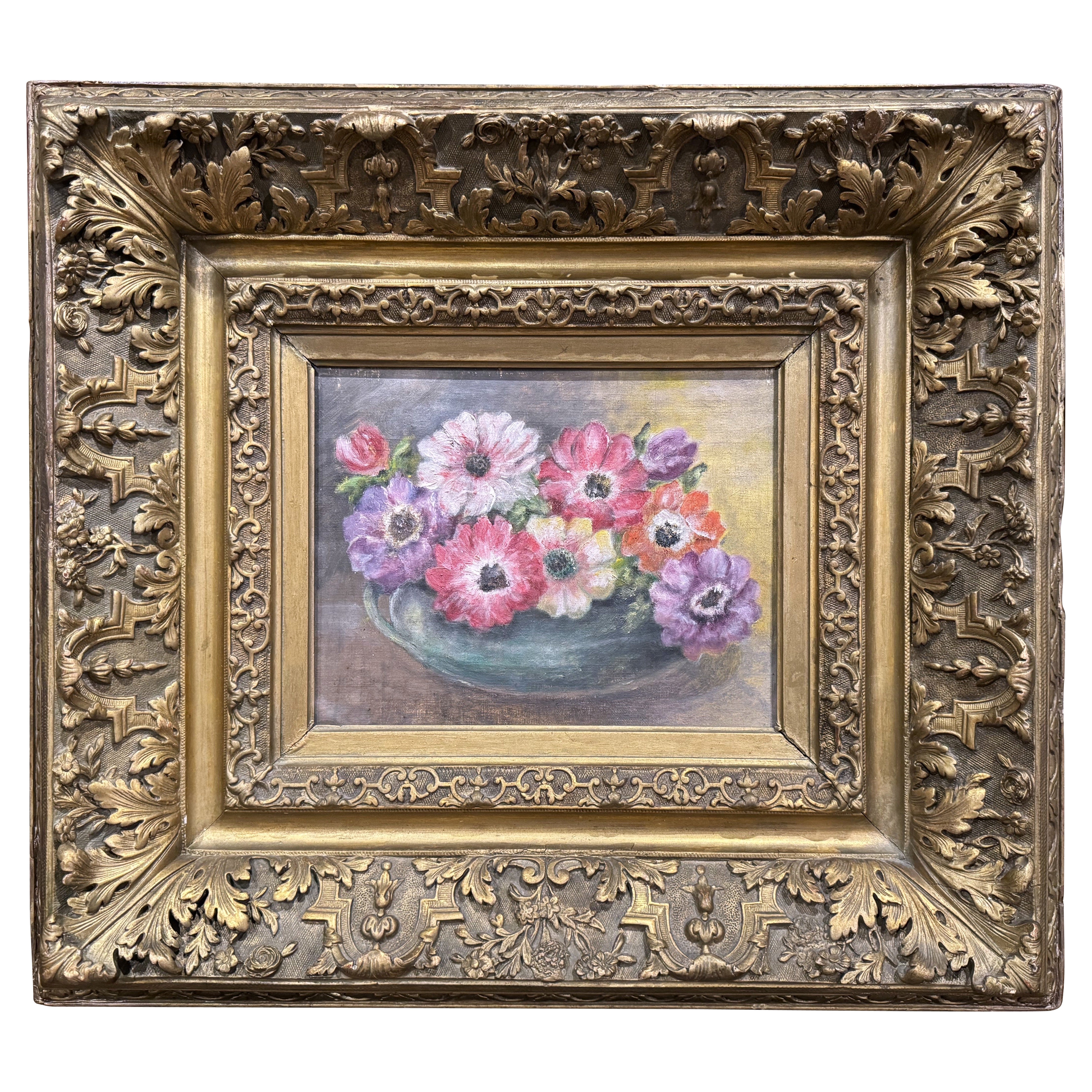 19th Century French Still Life Floral Painting on Board in Carved Giltwood Frame