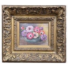 Bodegón francés del siglo XIX Pintura floral sobre tabla en marco de madera dorada tallada