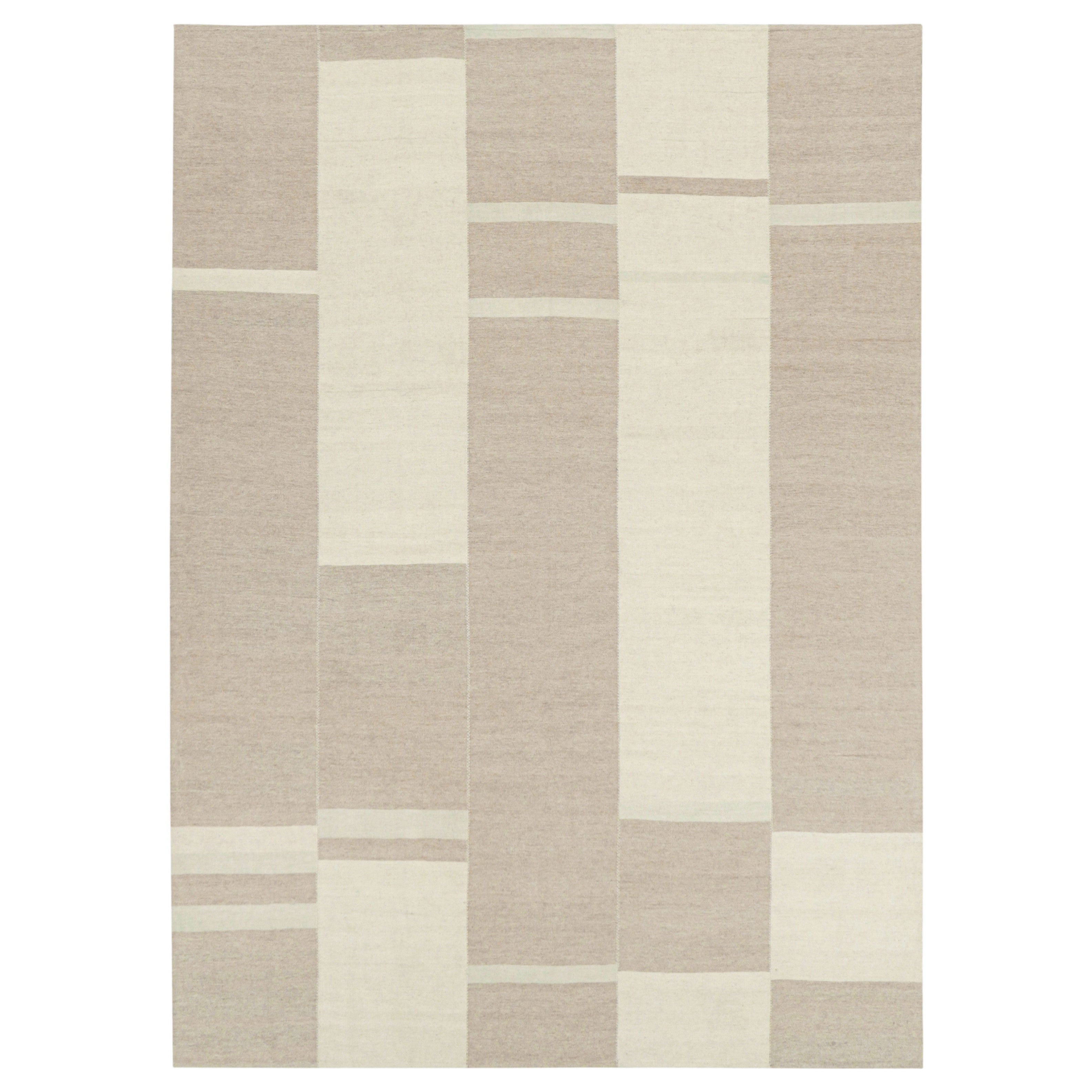 Rug & Kilim’s Contemporary Kilim, Textural Cream White and Beige-Brown Stripes