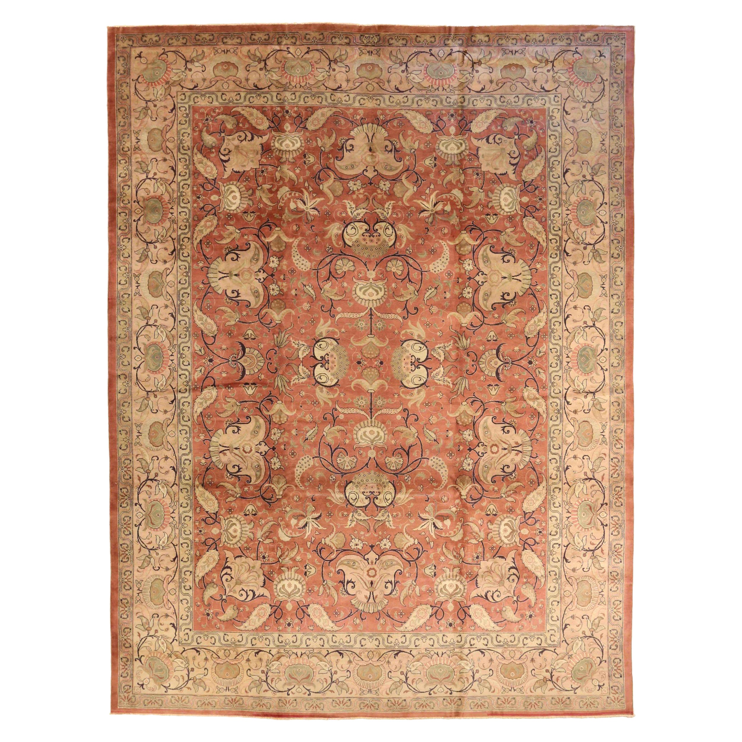 Tapis de Tabriz en laine vert ivoire rouge motif persan - 75867