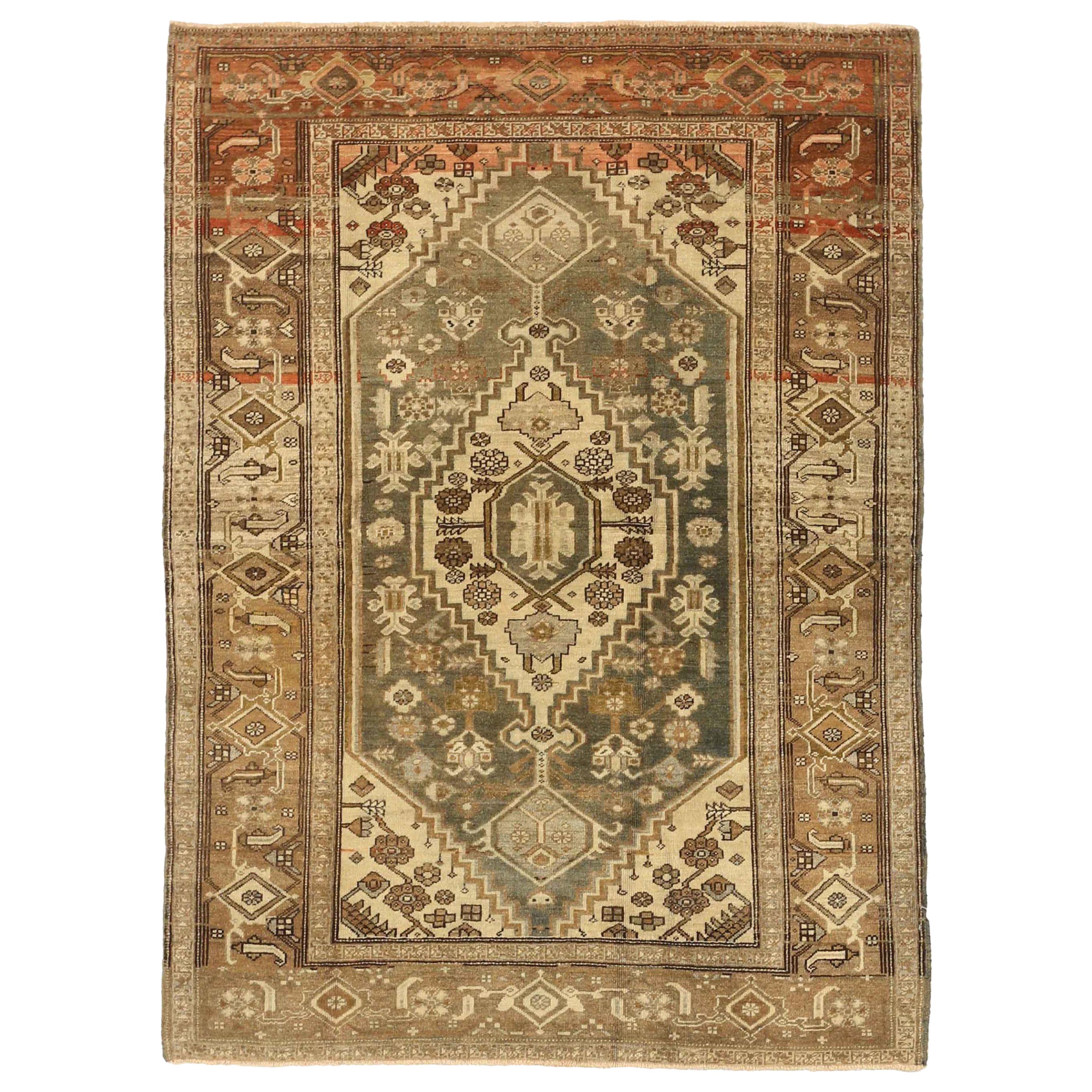 Persischer Heriz Small Teppich - Wolle Braun Grün Elfenbein Rosa Design - 75727