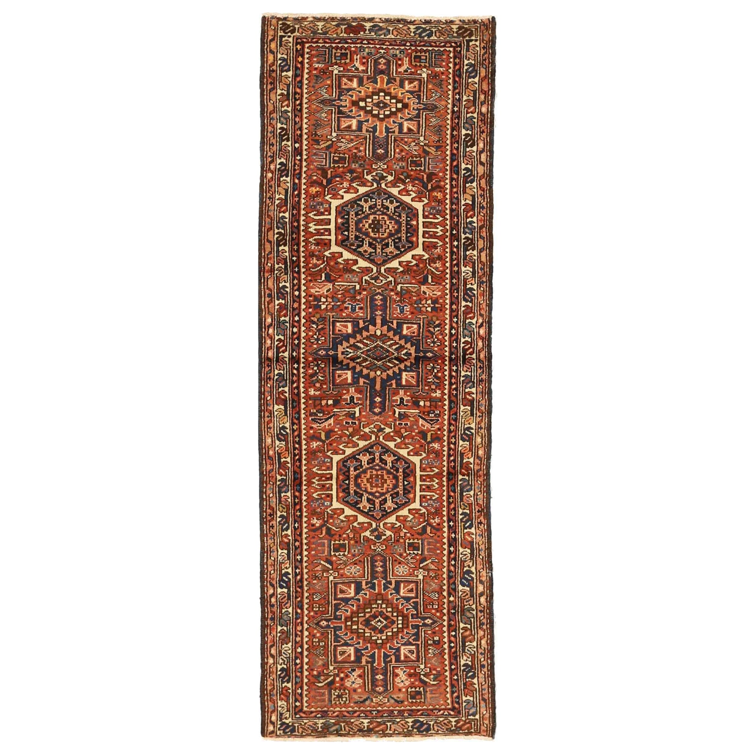 Persischer Gharajeh Läufer Teppich - Wolle Braun Elfenbein Rot Design - 75736