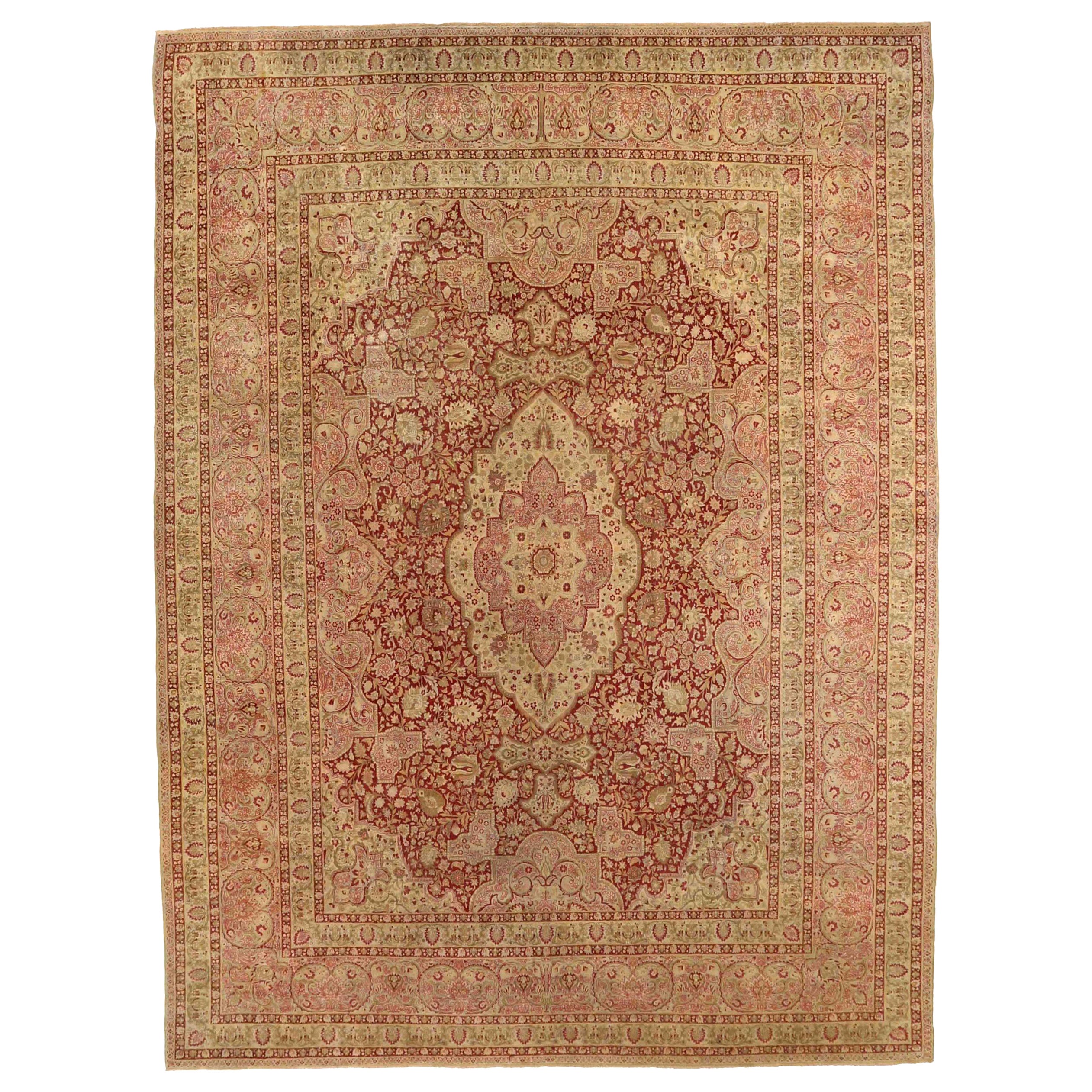 Persian Mashad Area Rugs - Wool Ivory Pink Red Design - 75857