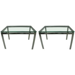 Pair Mid Century Modern Nickel Chrome Steel Tables Dimensional Glass Top