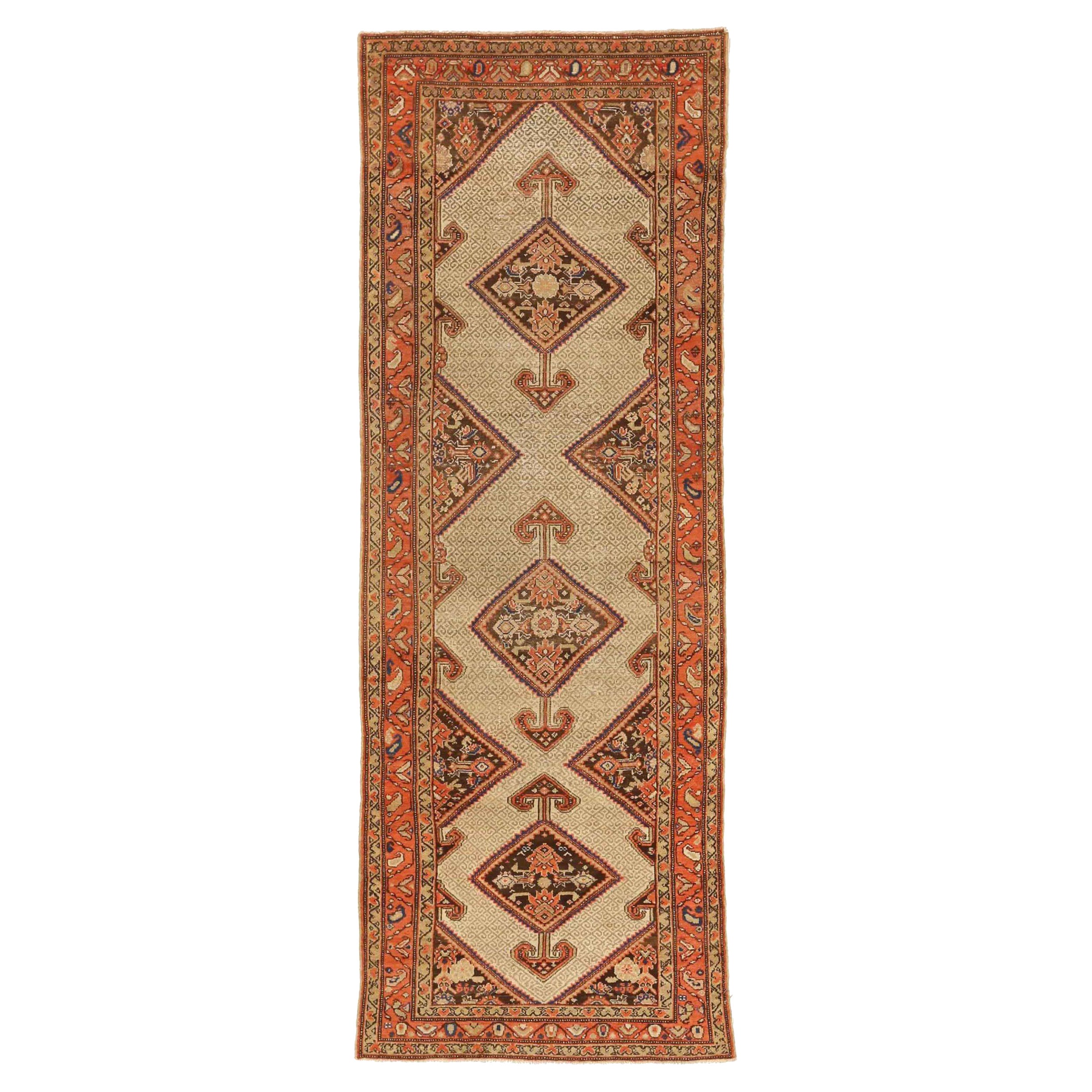 Persischer Malayer Läufer Teppich - Wolle Braun Elfenbein Rot Design - 75739
