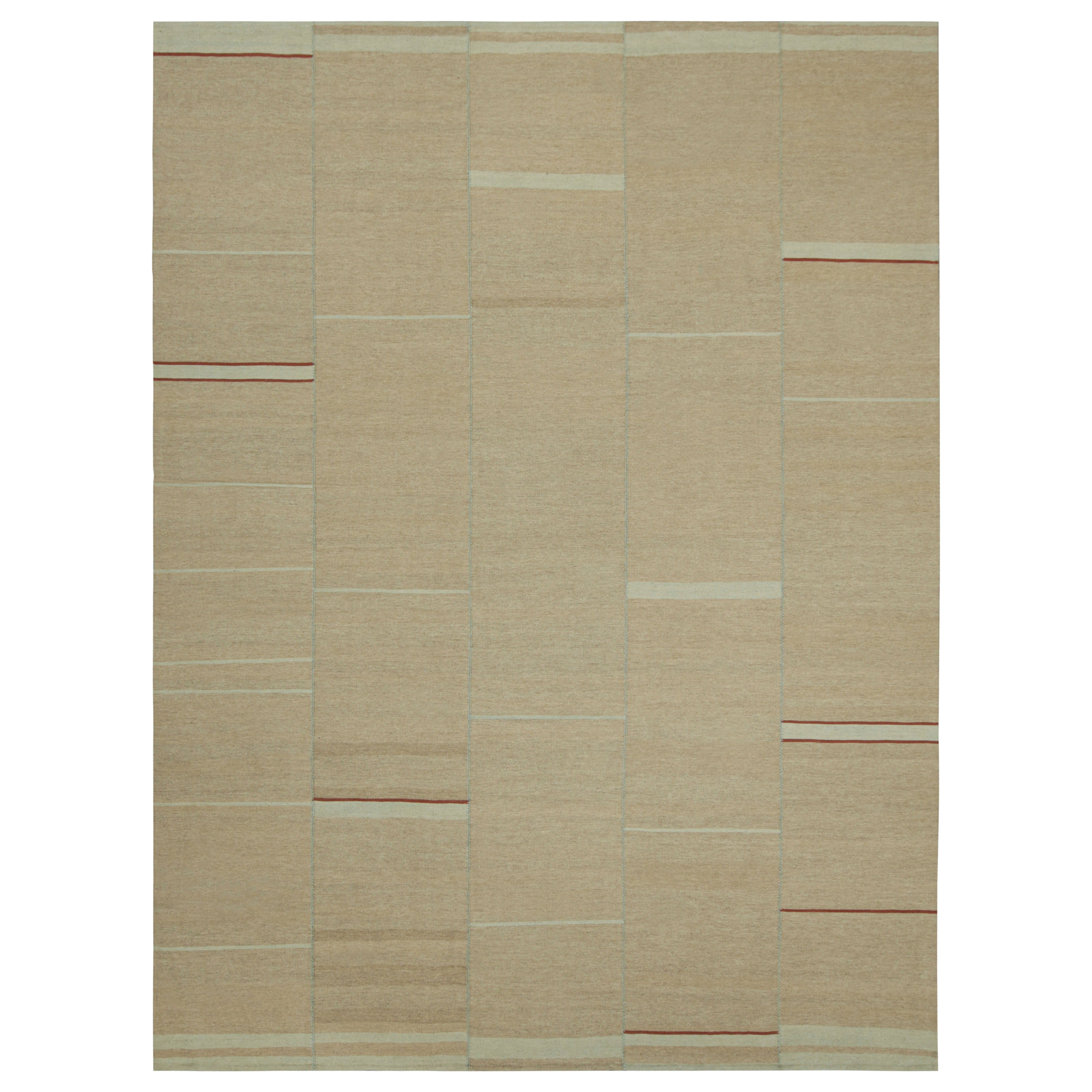 Rug & Kilim’s Contemporary Kilim, Beige with Red and Light Blue Textural Stripes For Sale