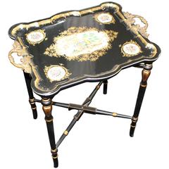 Black Lacquer and Gilt Chinoiserie Porcelain Serving Tray Table