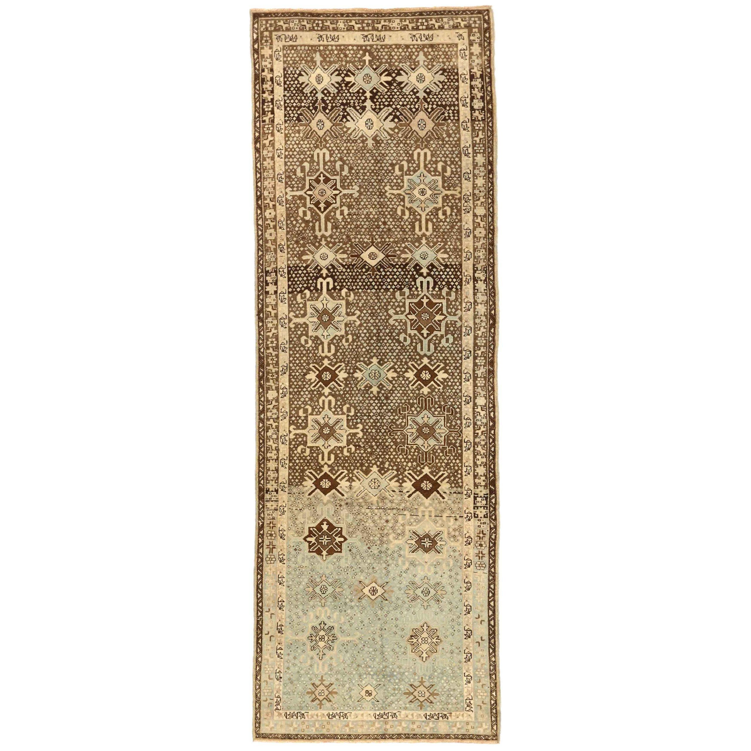Persischer Gharajeh Läufer Teppich - Wolle Blau Braun Elfenbein Design - 75801 im Angebot