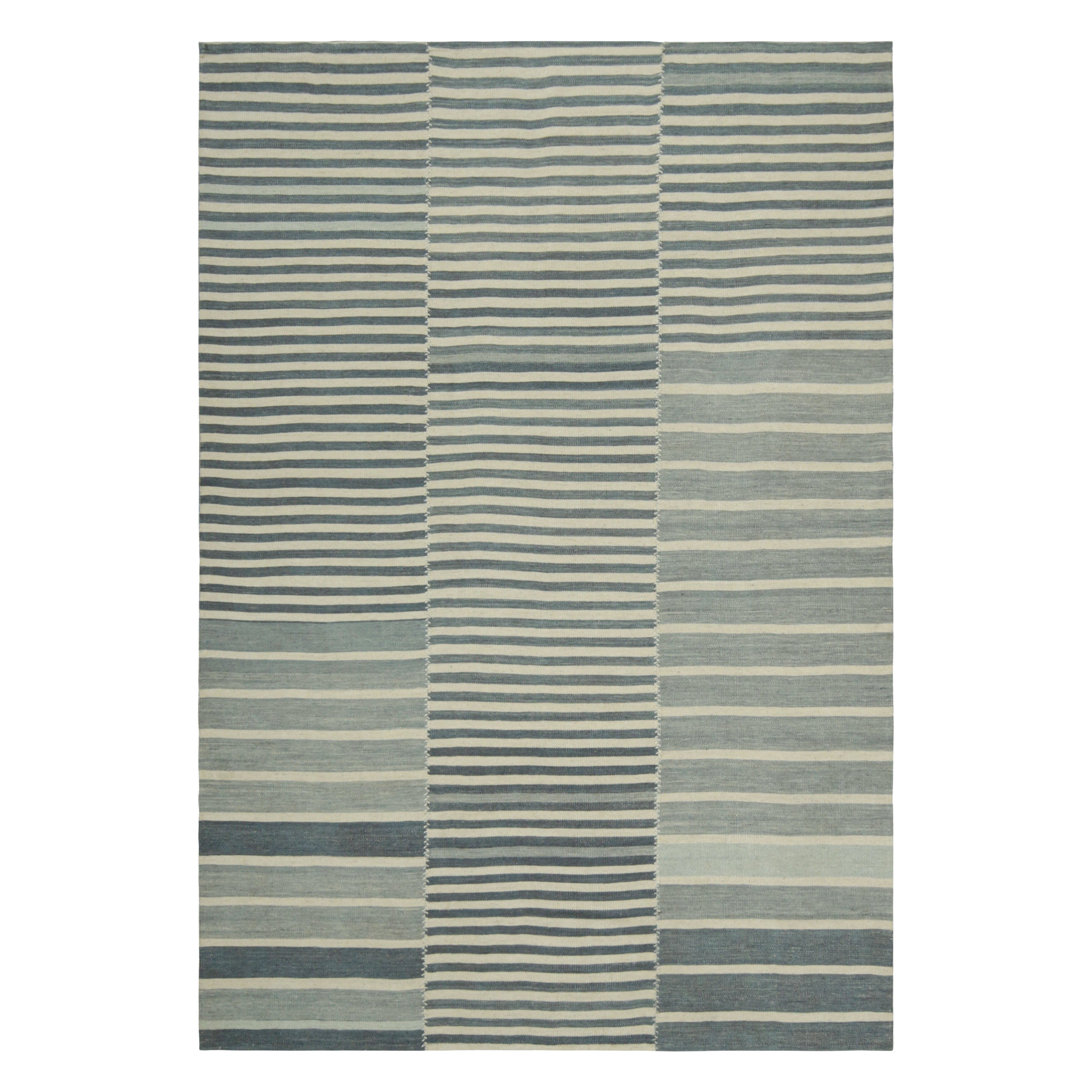 Rug & Kilim’s Contemporary Kilim with Blue and Cream White Textural Stripes