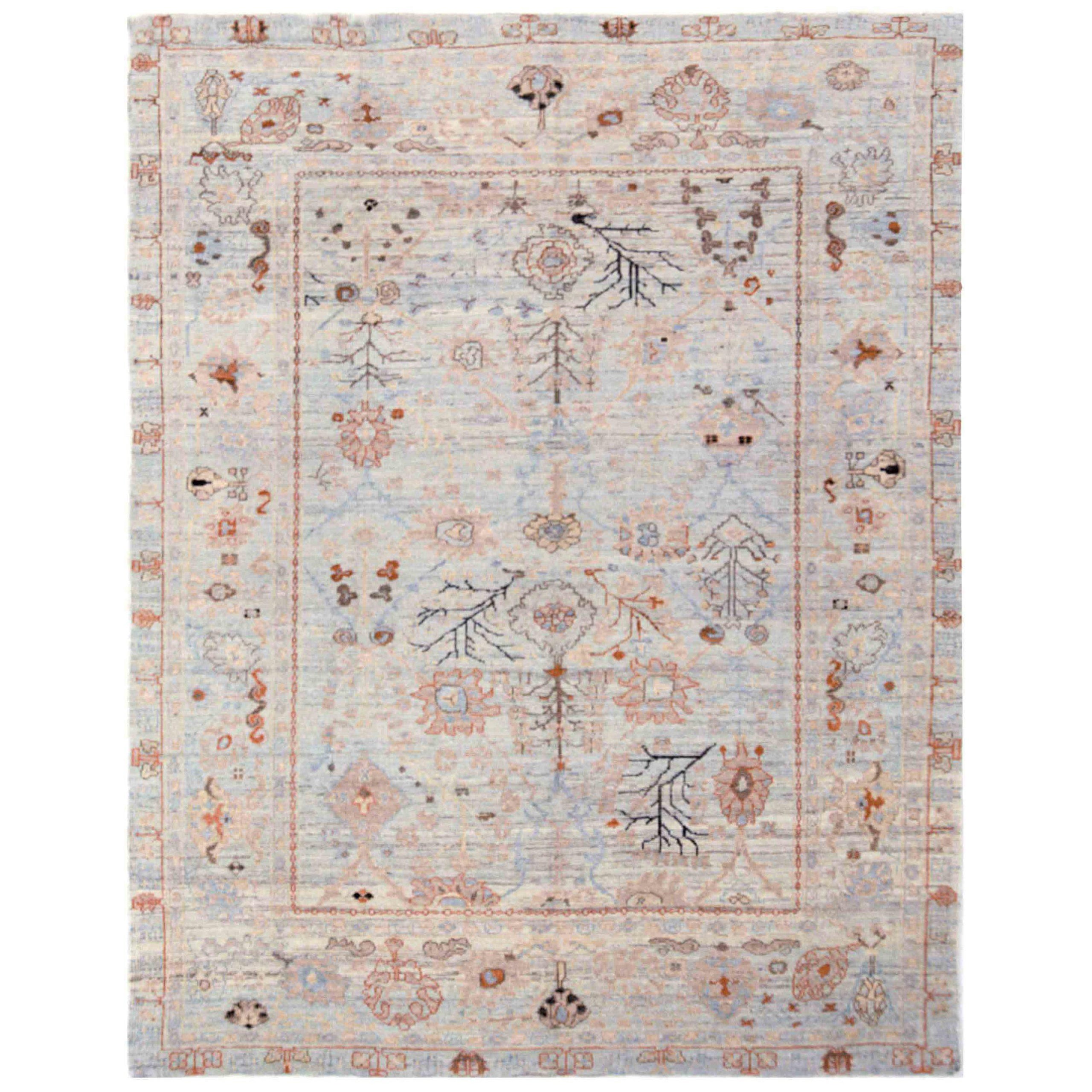 Persischer Oushak Over Size Teppich - Wolle Blau Elfenbein Rosa Design - 88065