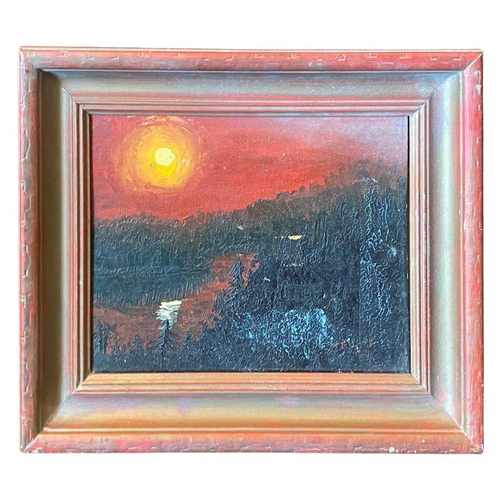 Pintura al óleo original enmarcada de mediados de siglo moderno El río Estigia con el sol resplandeciente en venta