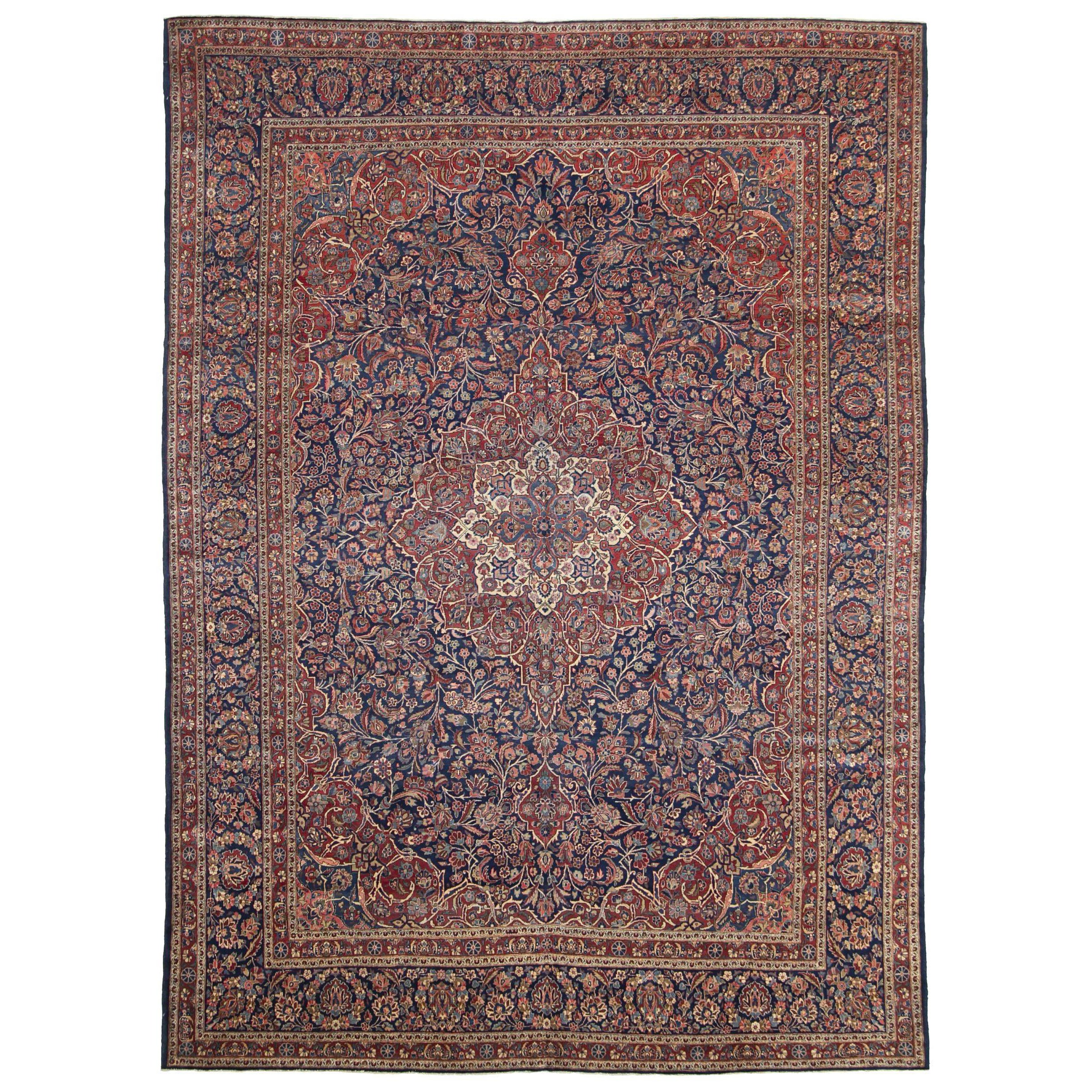 Persian Kashan Area Rugs - Wool Navy Blue Red Design - 88790
