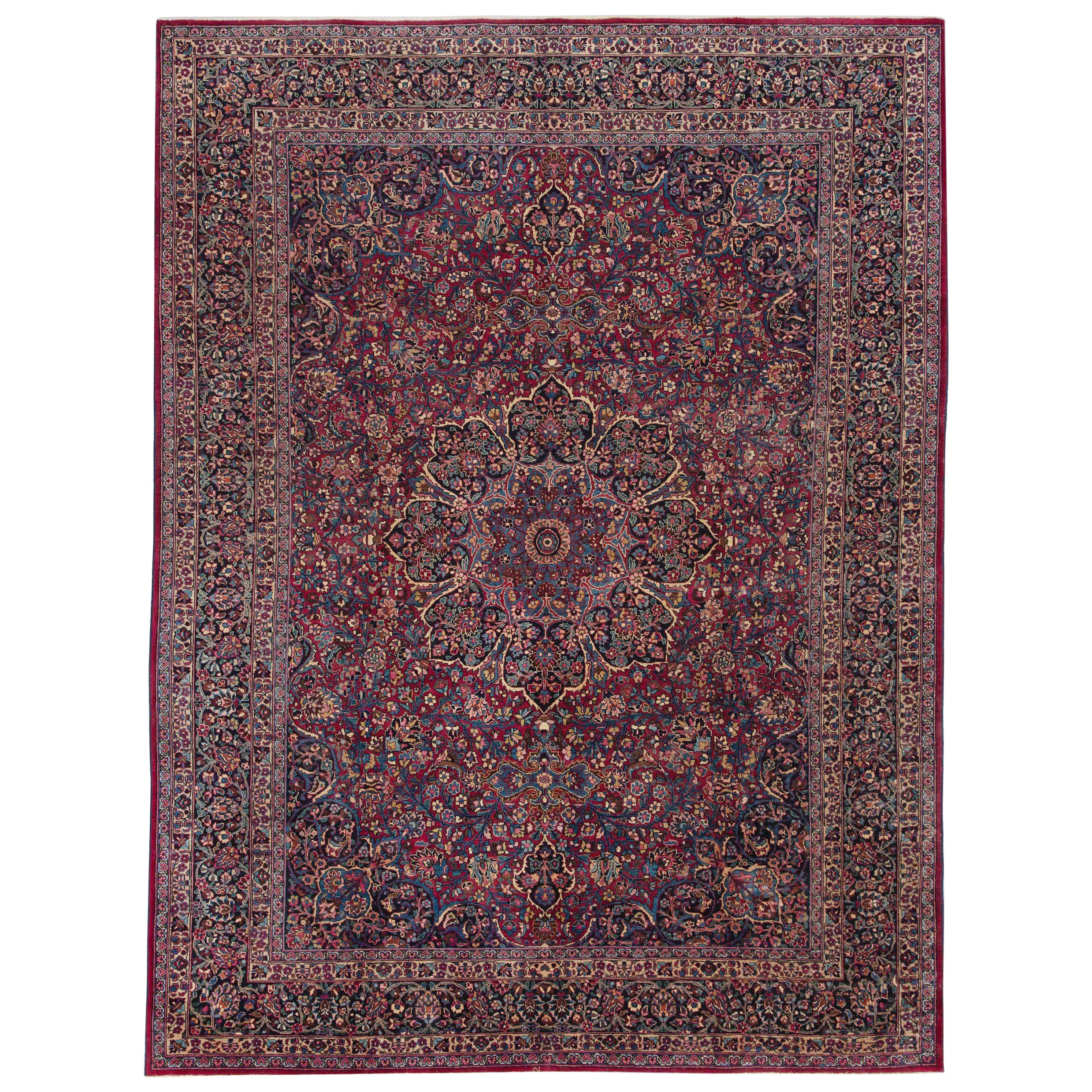Alfombras Persas Mashad - Lana Azul Azul Marino Diseño Rojo - 88792