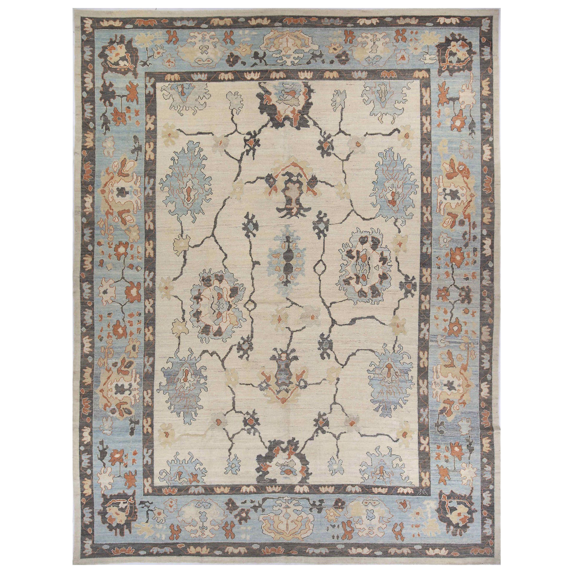 Tappeto Persiano Oushak Over Size - Disegno in Lana Blu Grigio Avorio - 88972