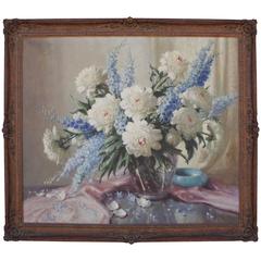 Large Oil Painting of Peonies and Delphiniums by V A Richardson