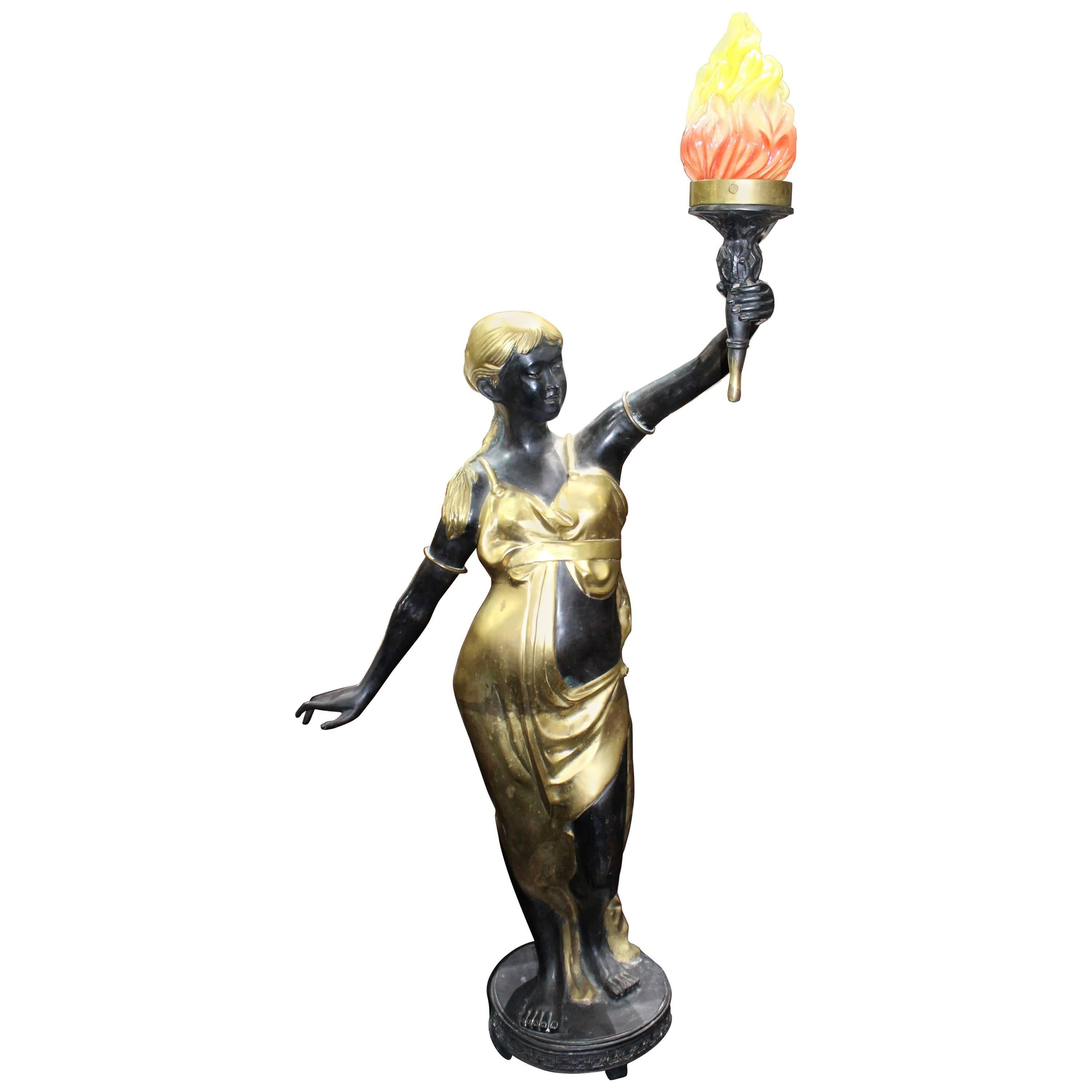 Bronze and Brass Antique Style Torch Bearer Maiden Standard Lamp
