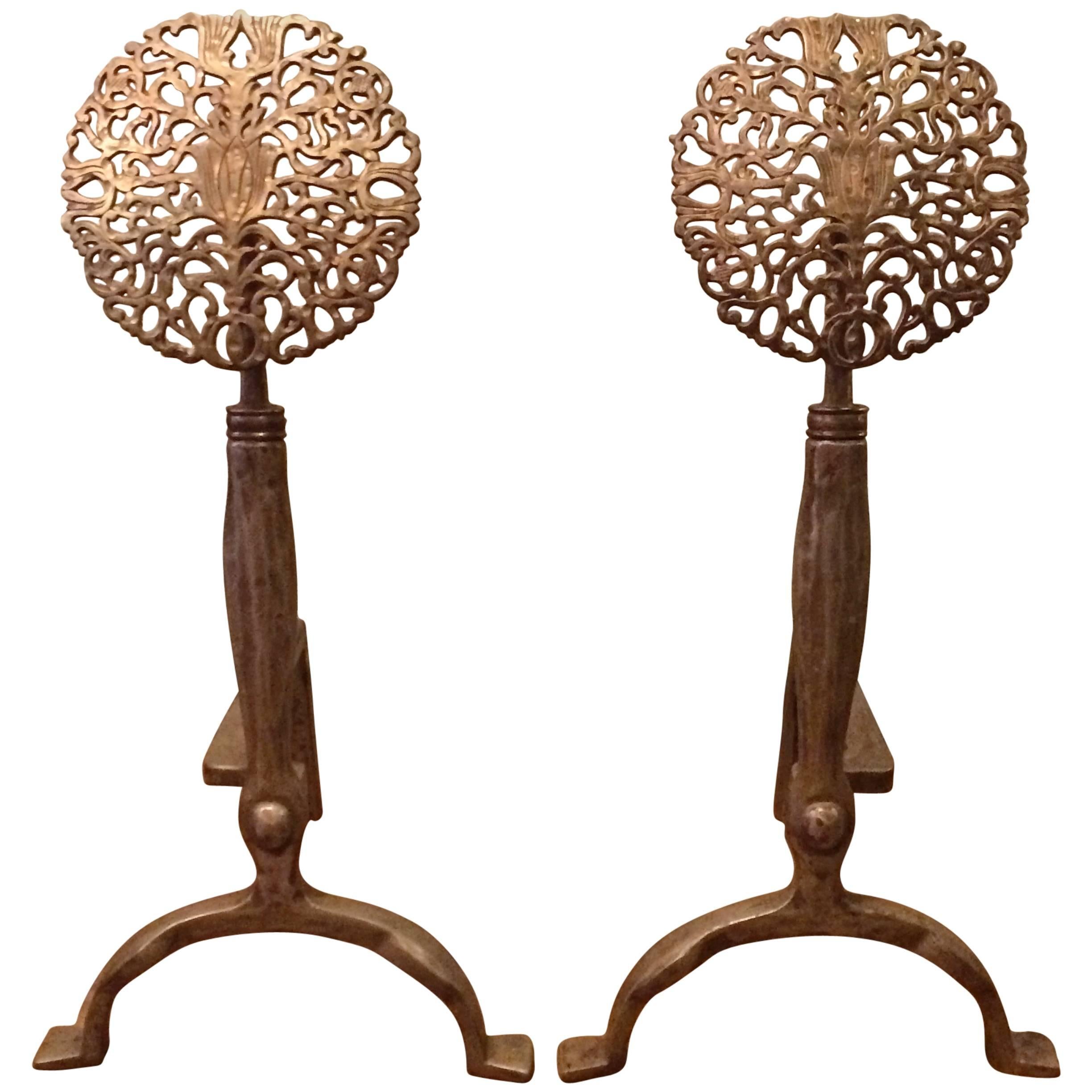 Pair of Arts & Crafts Andirons in the Style of Ernest Gimson For Sale