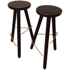 Modernist Ebonized Ash Bar Stools with Brass Footrests 3