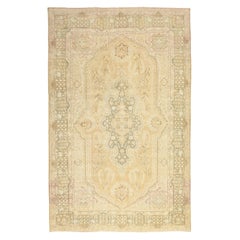 Vintage Persian Tabriz Area Rugs - Wool Green Ivory Yellow Design - 92694