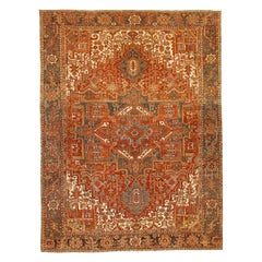 Tapis persans Heriz - Laine gris ivoire rouge motif - 92707
