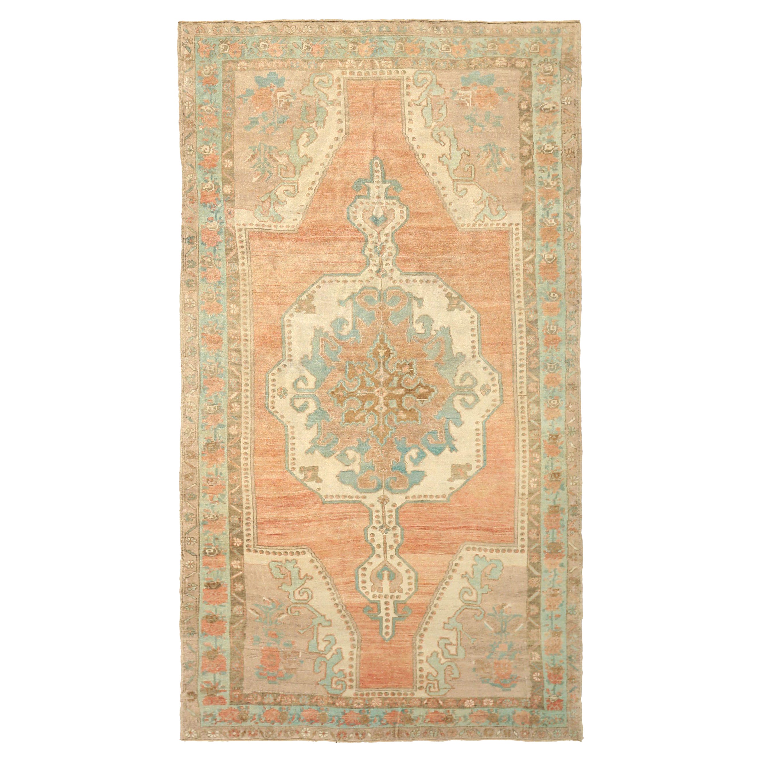 Türkischer Anatoly Kleiner Teppich - Wolle Blau Elfenbein Rosa Design - 92752